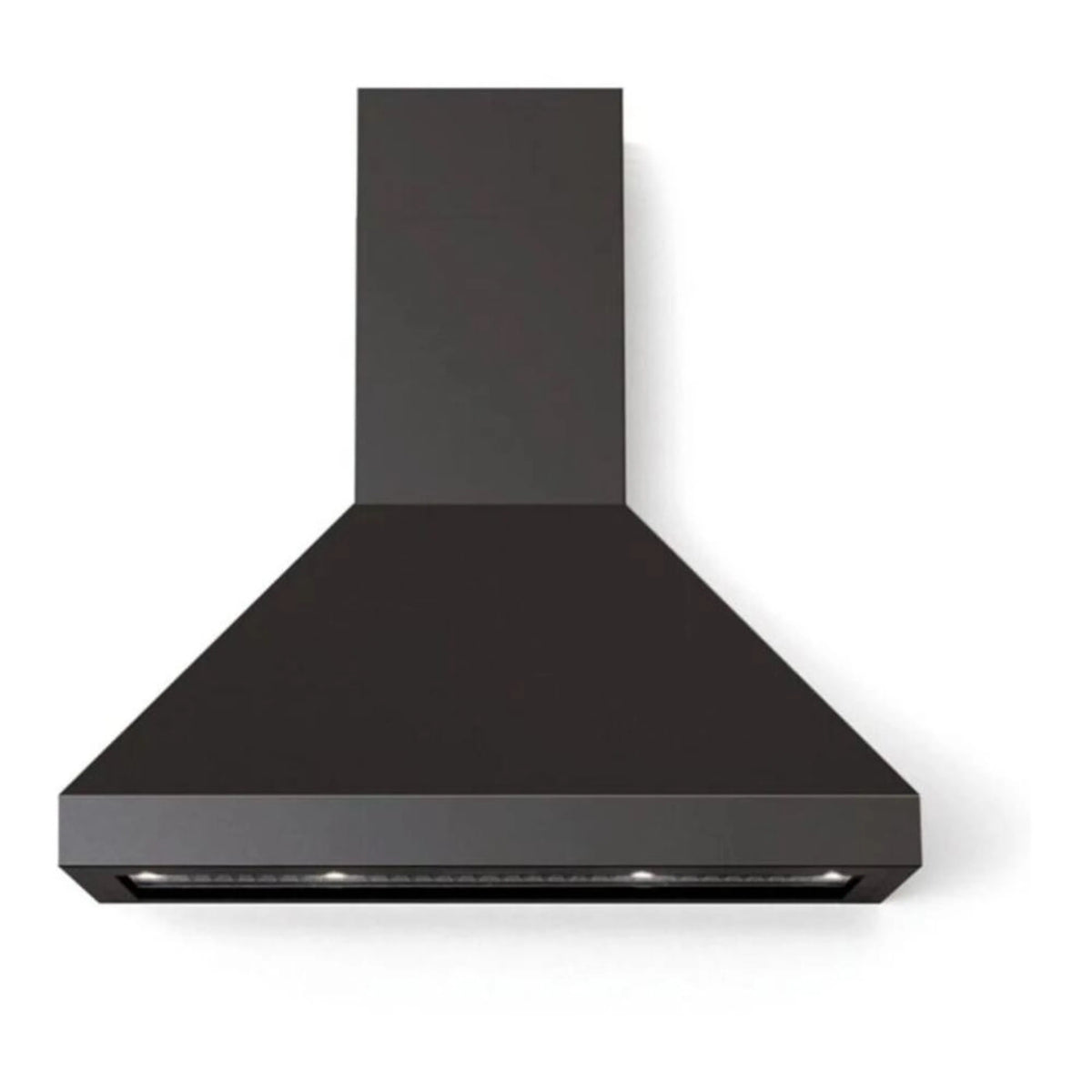 Matte black chimney wall range hood with front light bar under the canopy