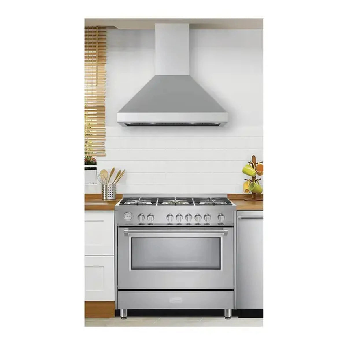 Stainless steel dual fuel range with wall-mount hood and 5 burners
