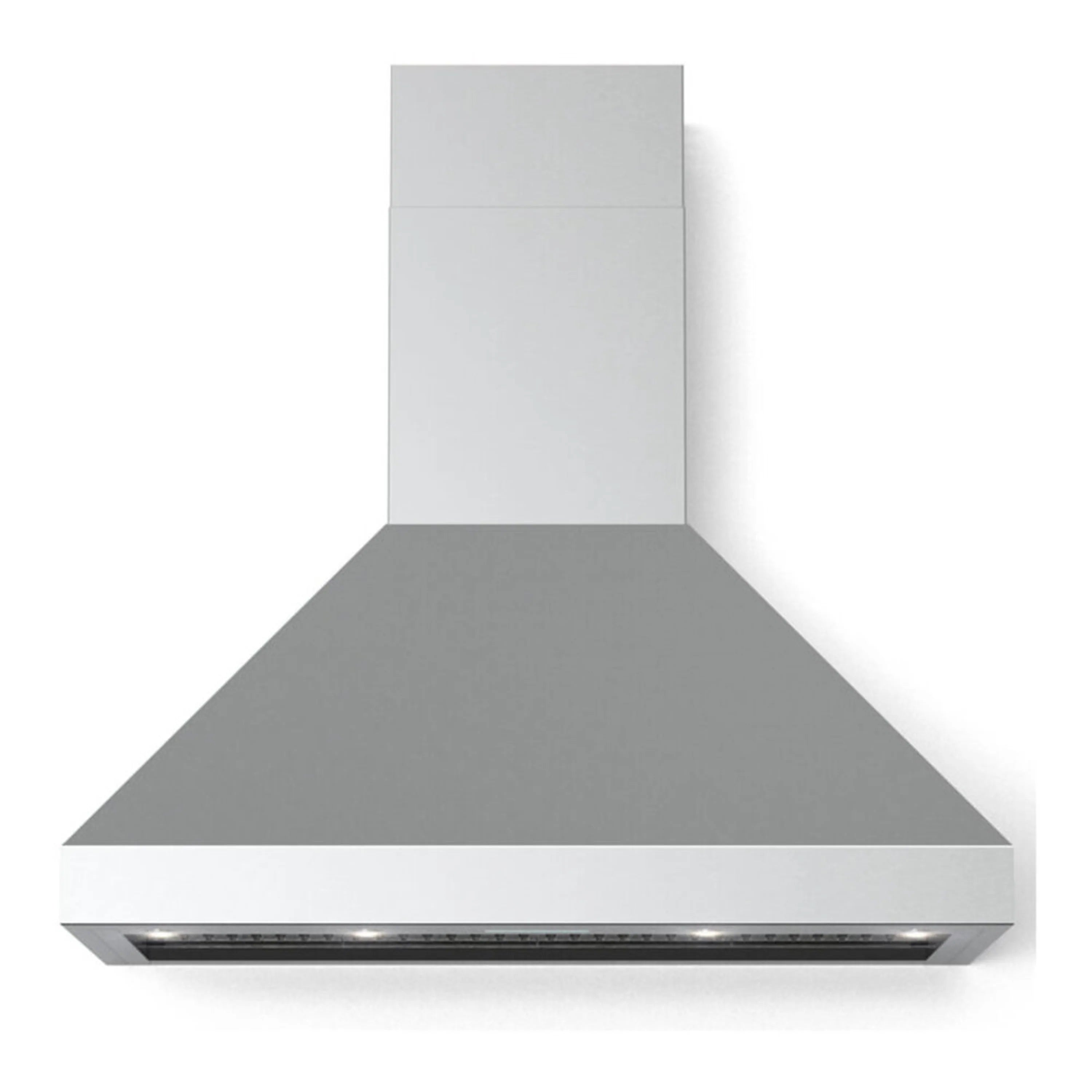 Stainless steel chimney wall range hood with wide sloped canopy and front vent strip