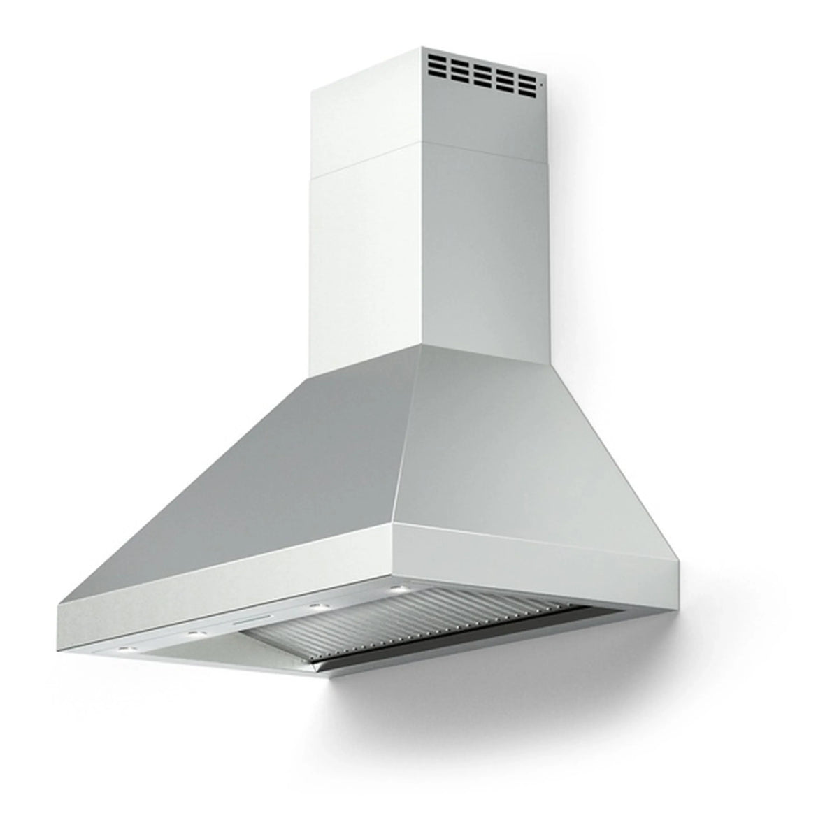 Wall-mount stainless steel range hood with angled chimney and vent