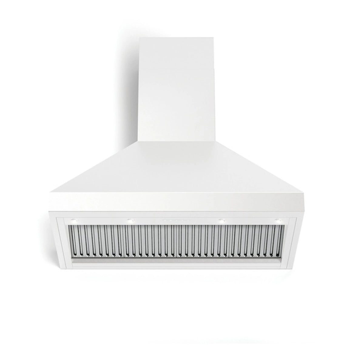 White wall-mounted range hood underside with vent grille and filter lines