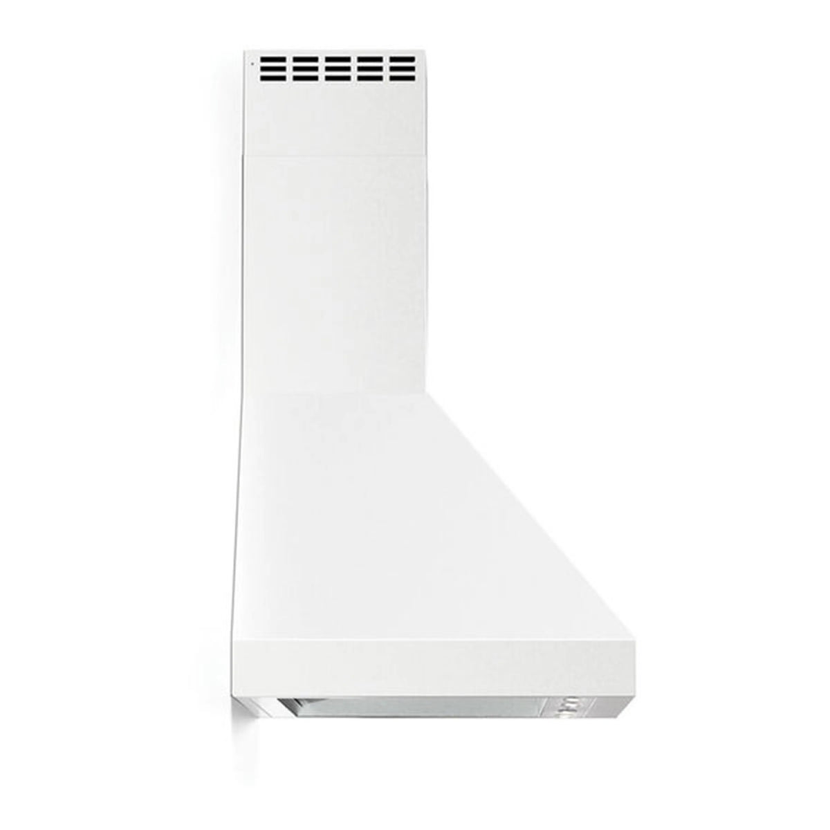 White wall-mounted range hood in profile, vent grille at top and chimney body