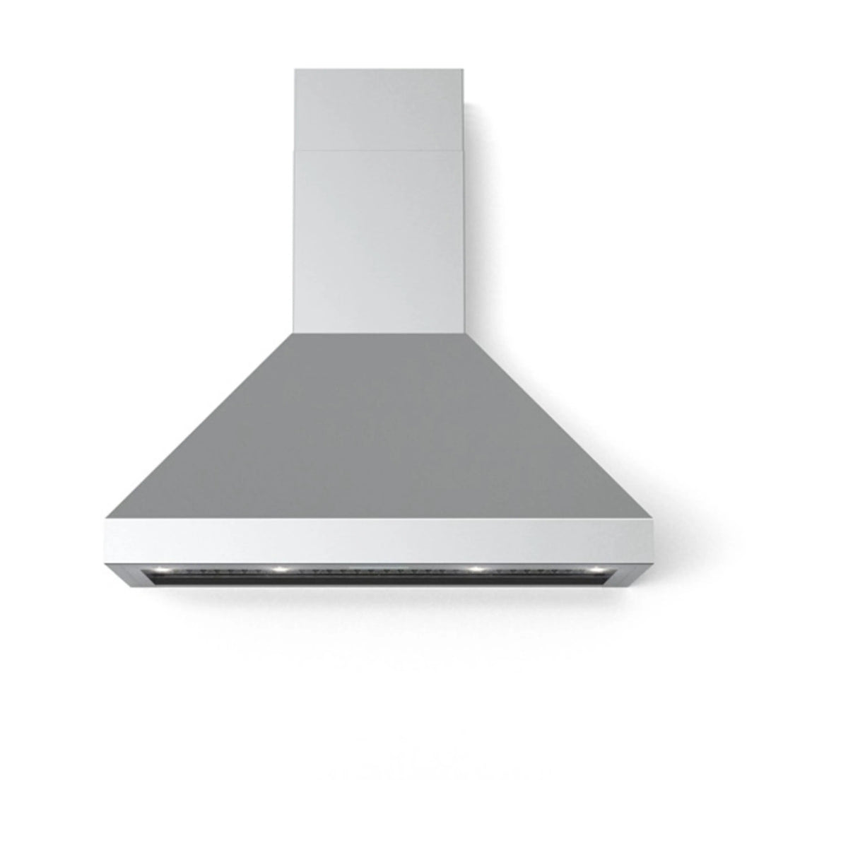 Stainless steel chimney wall range hood with flat canopy and recessed underside vent