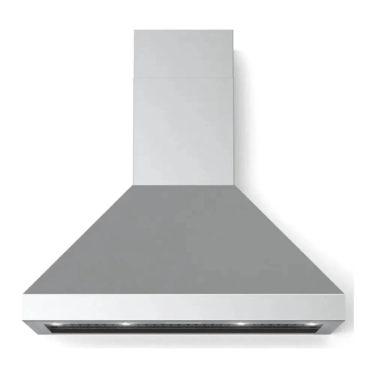 Stainless steel chimney wall range hood with wide canopy and bottom vent panel