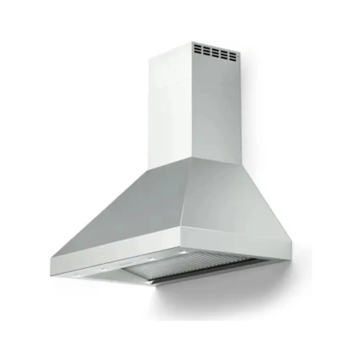 Stainless steel chimney wall range hood with front oil-tray edge and mesh filter area