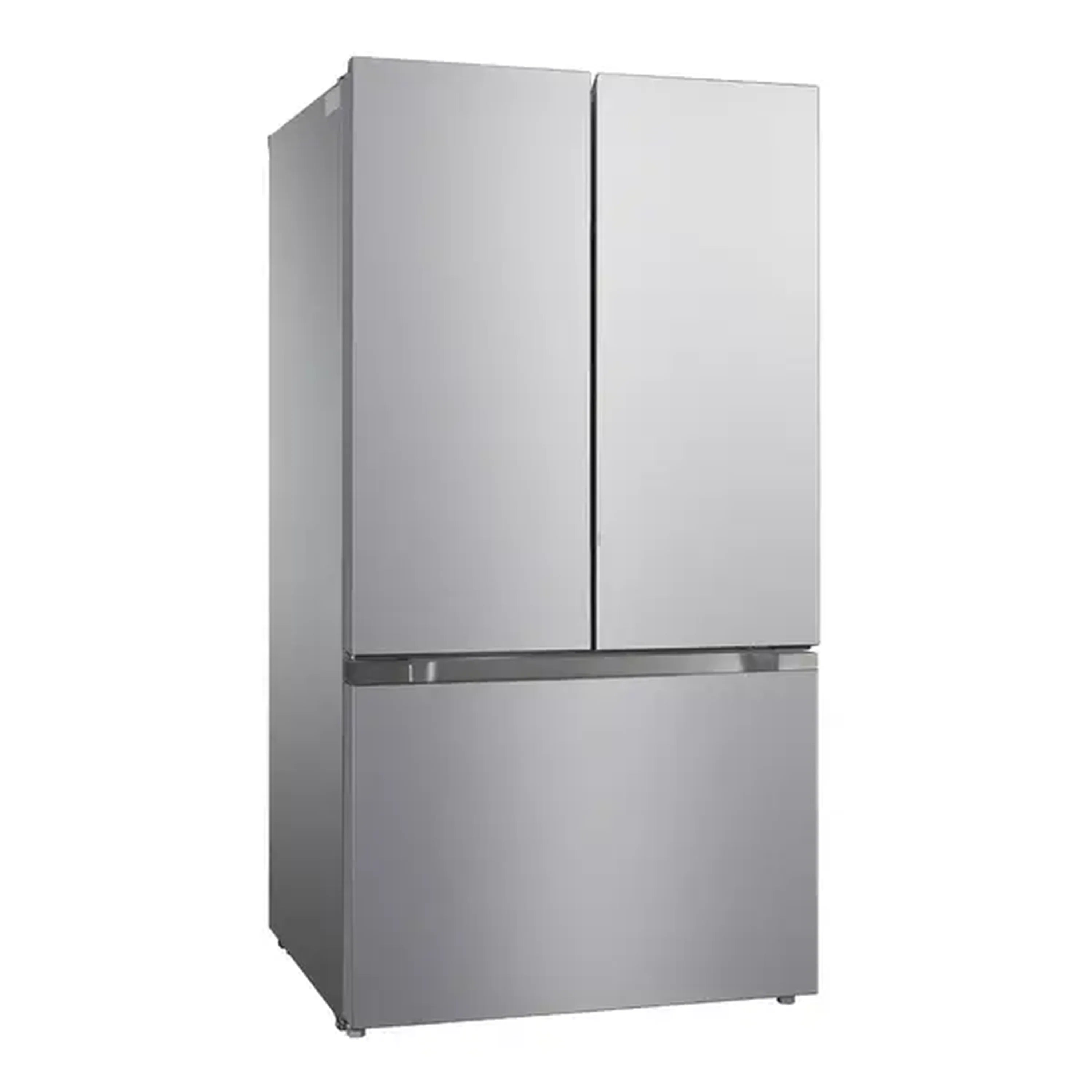 Stainless steel refrigerator with split French doors and lower freezer section