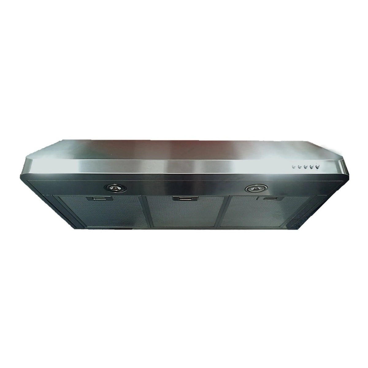Stainless steel range hood underside with filter panels and control icons