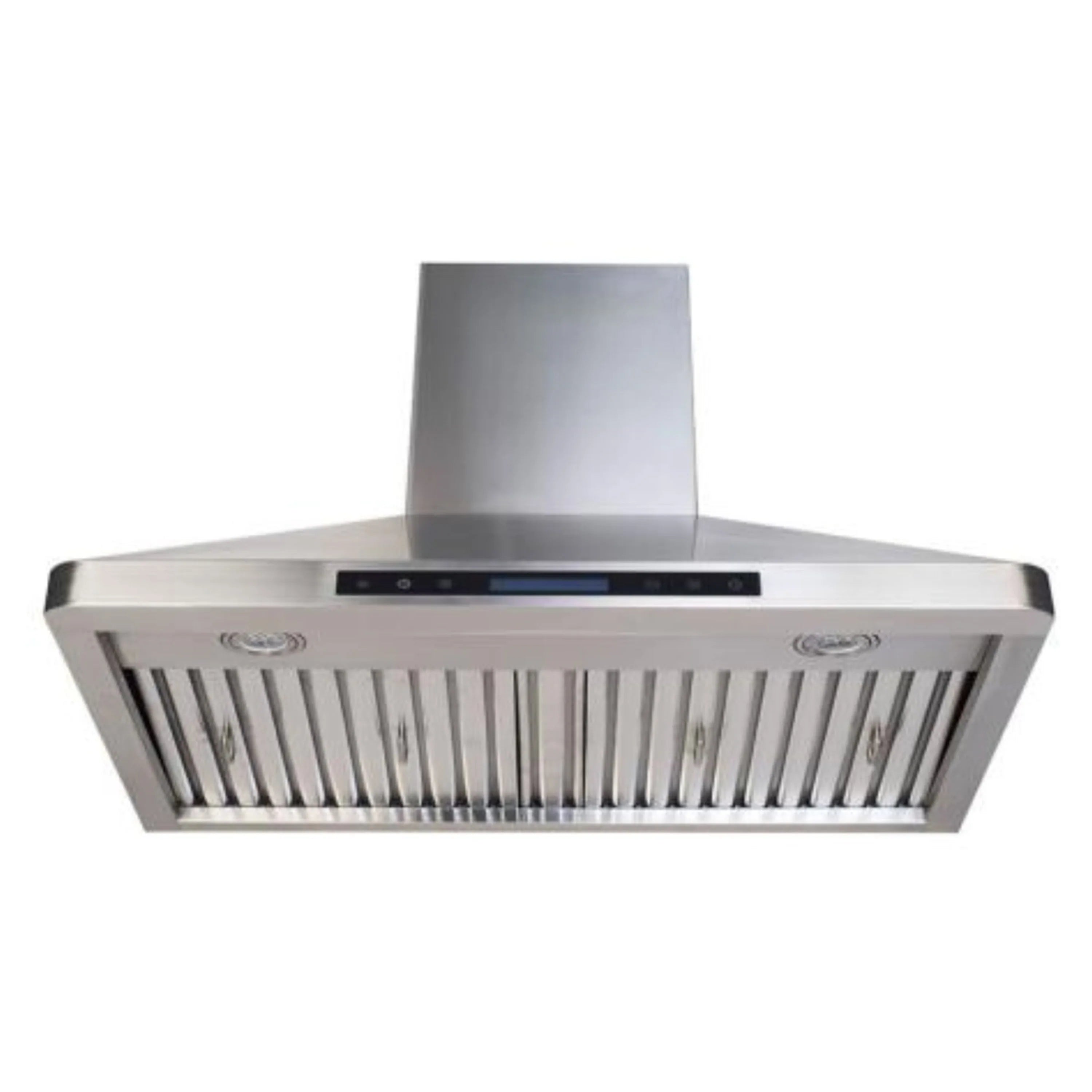 Stainless steel range hood underside with vent slats and chimney canopy