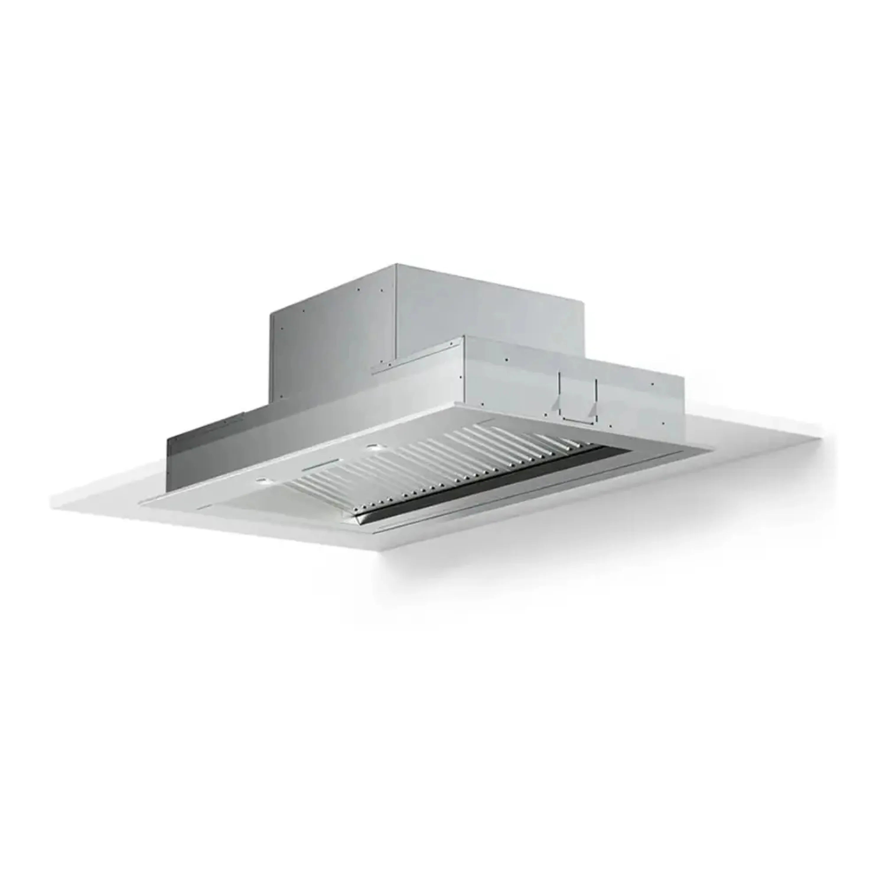 Stainless steel hood insert with slotted grill and angled canopy with duct outlet
