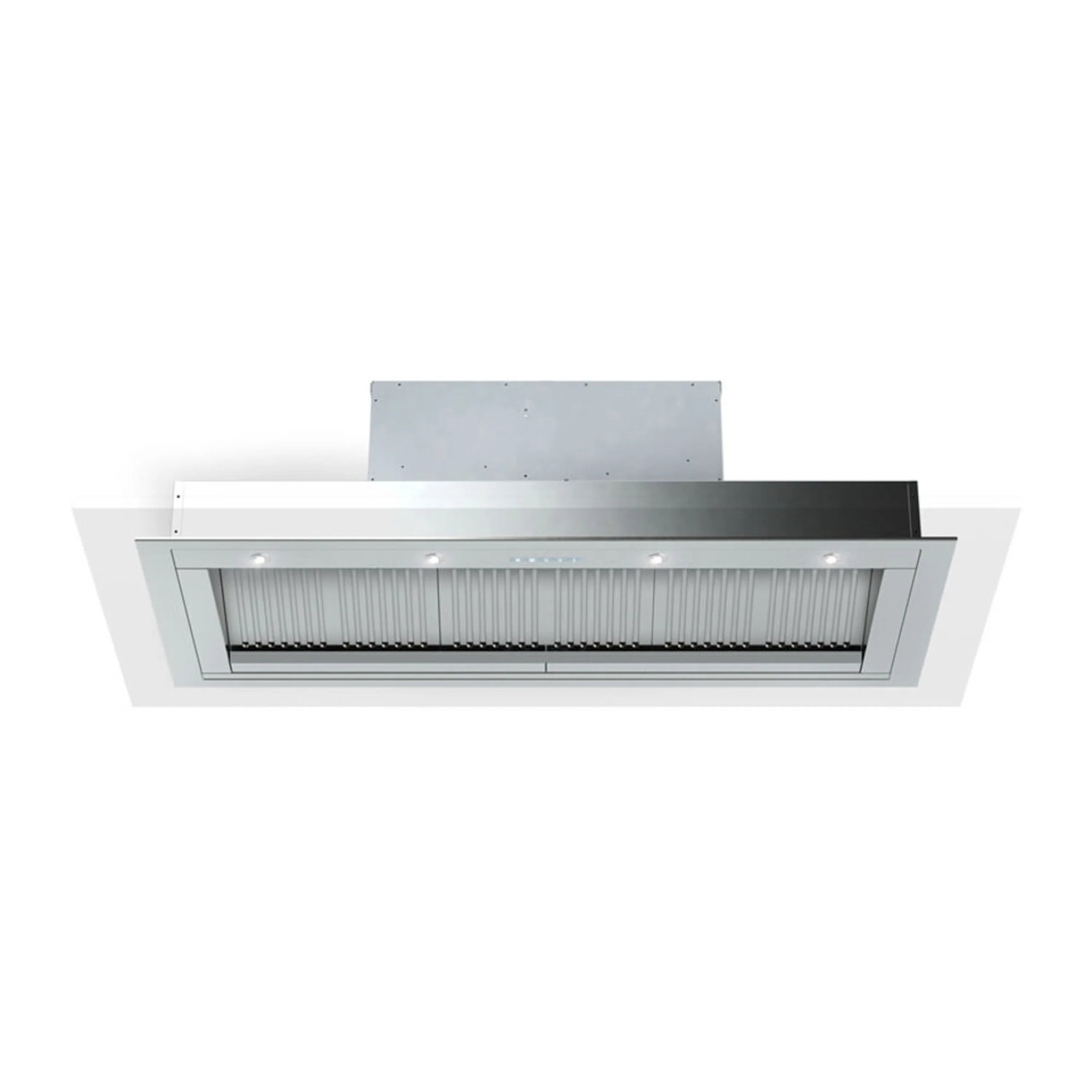 Stainless steel range hood insert with long vented filter panel and control lights