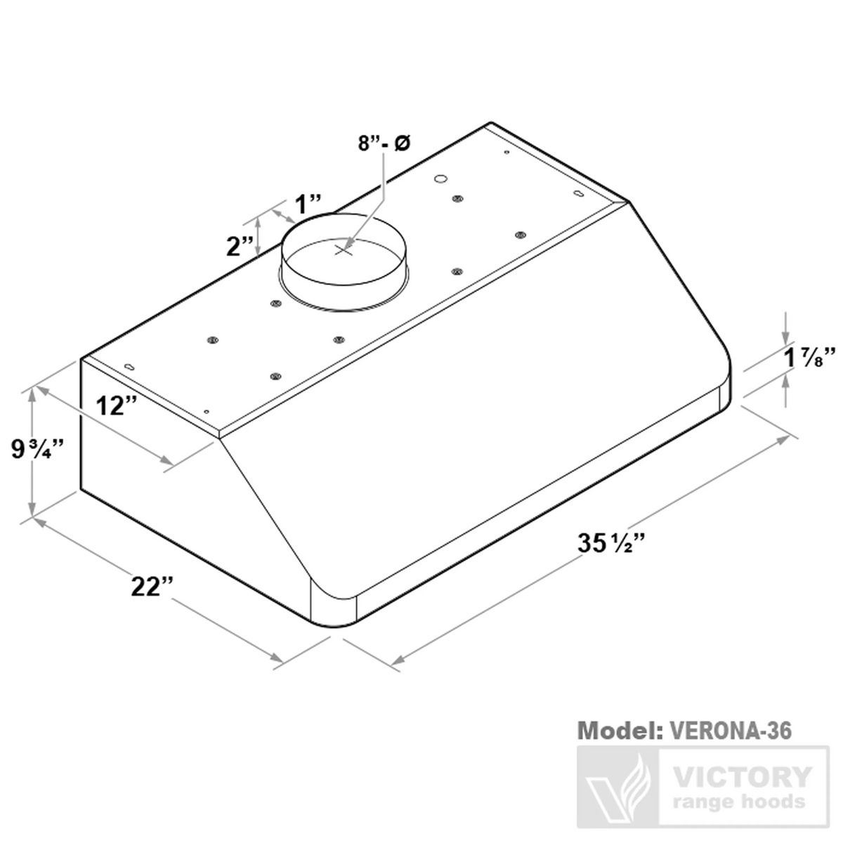 Under-cabinet range hood size diagram, model VERONA-36