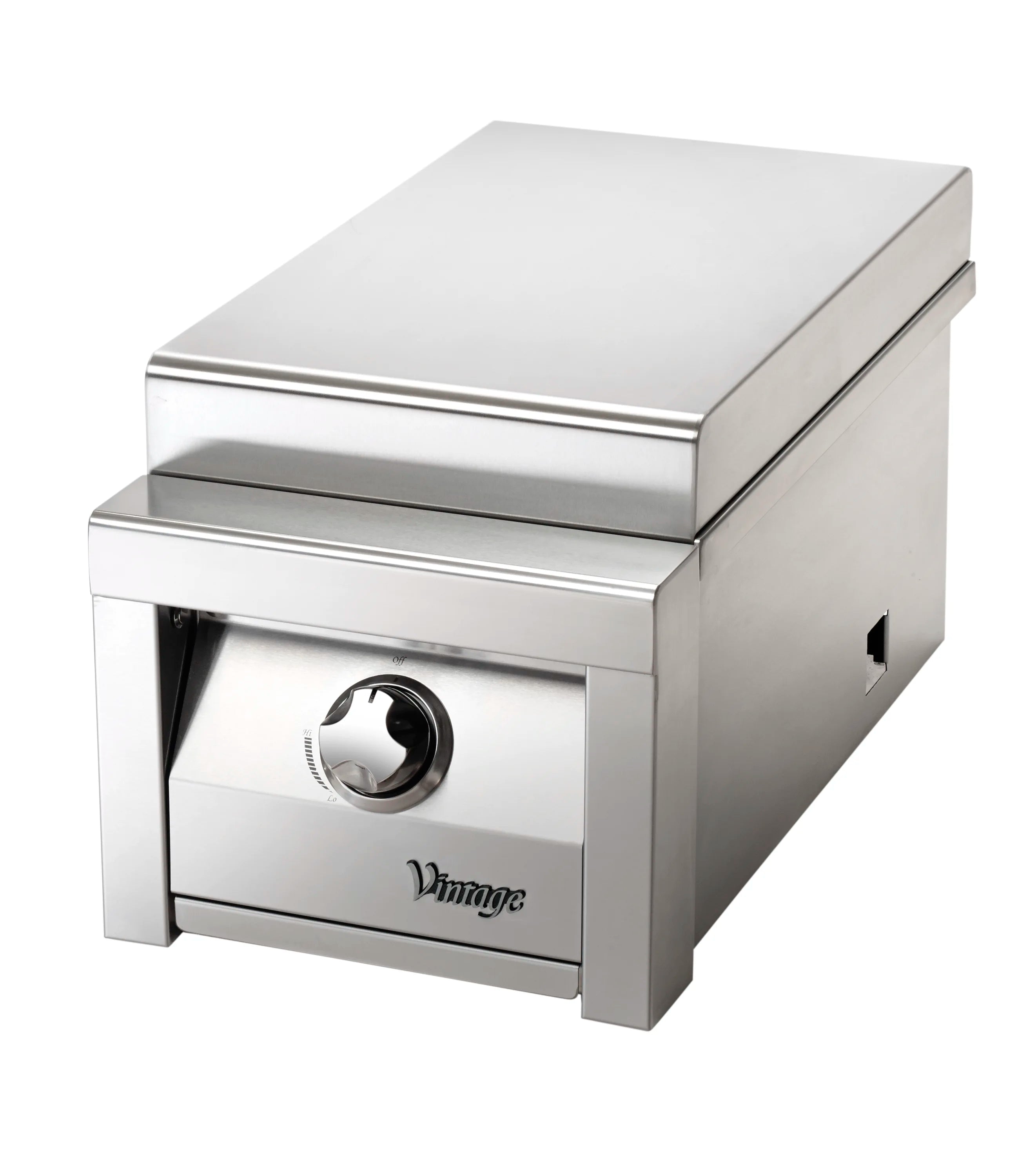 Stainless steel side sear burner with lidded top and front control knob