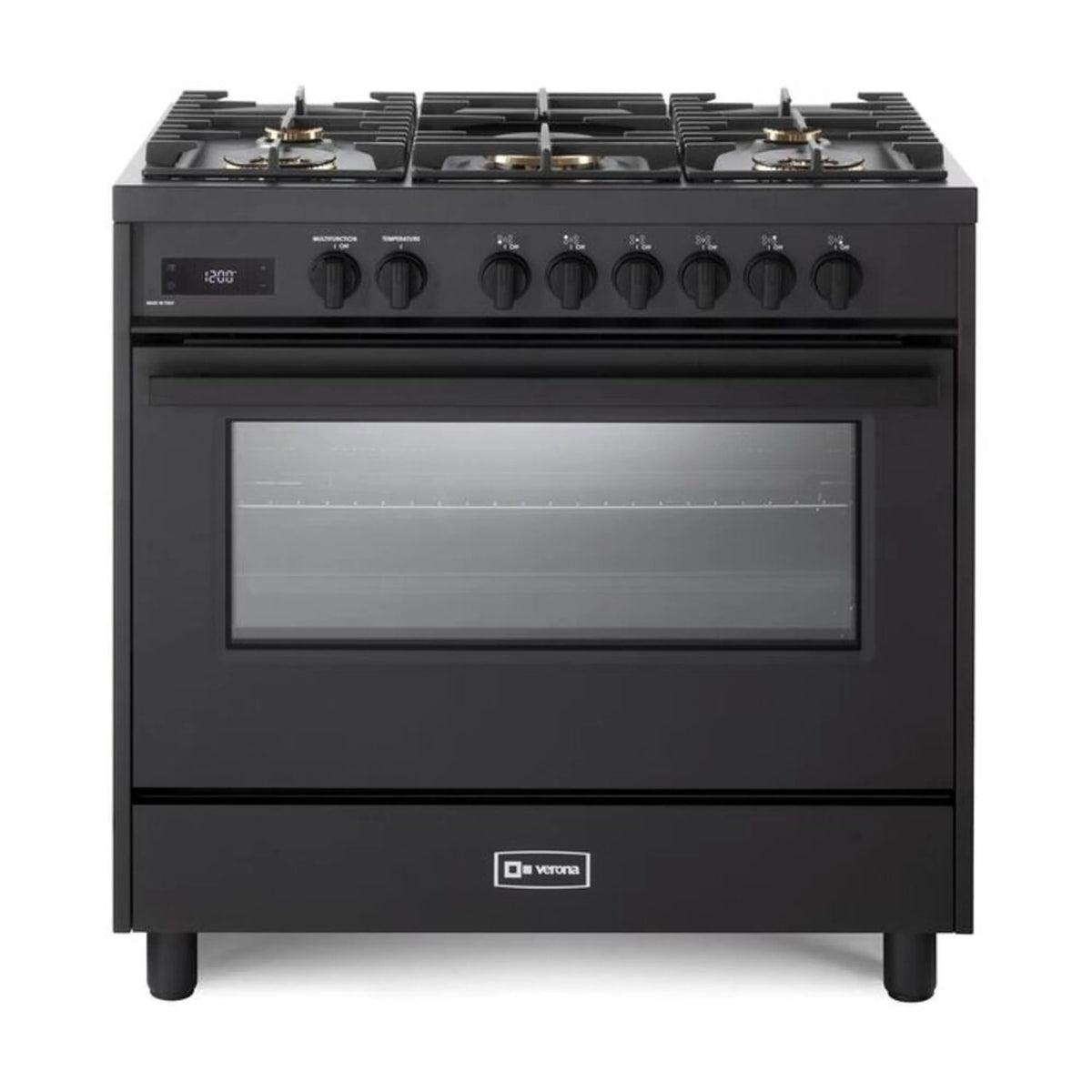Matte black 36-inch dual fuel range with five sealed gas burners and oven door