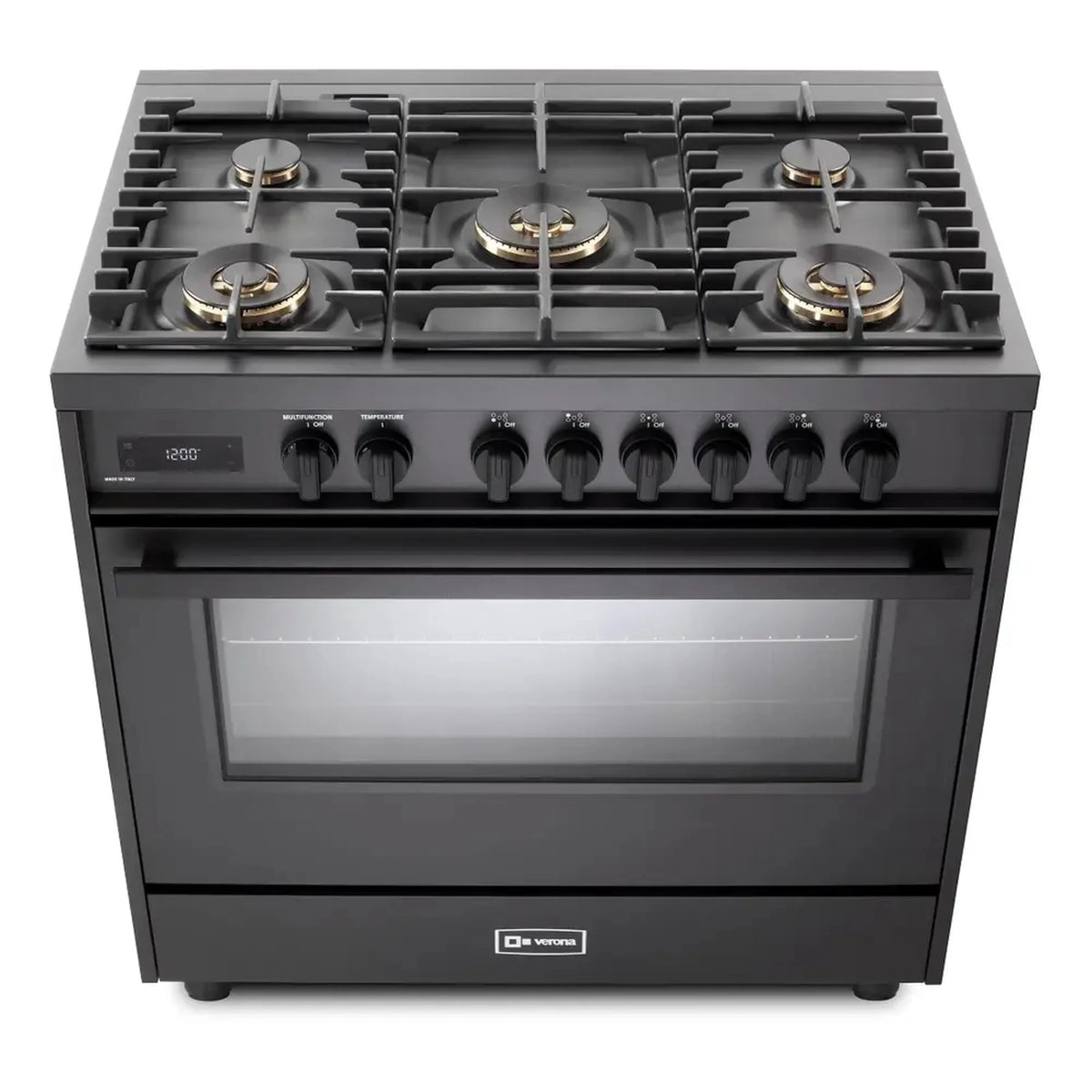 Matte black 36-inch dual fuel range with five sealed burners and control knobs