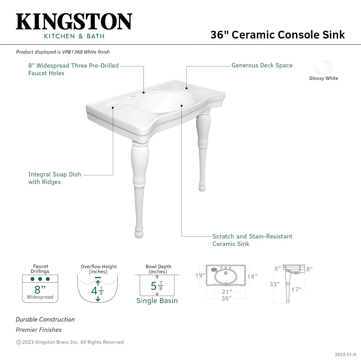 White 36 in ceramic console sink with legs, single basin, 3-hole faucet layout