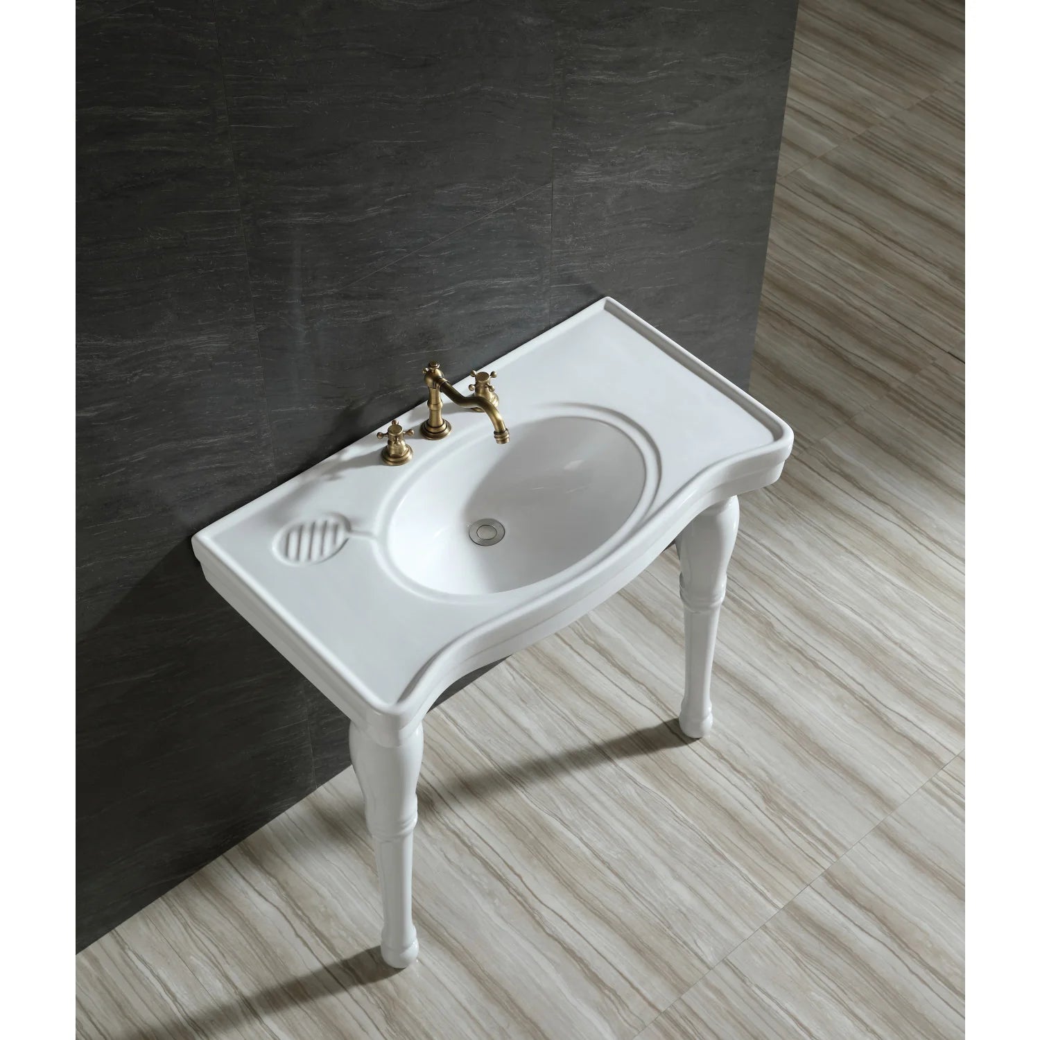 White ceramic console sink with legs, angled view of single oval basin and 3-hole faucet deck