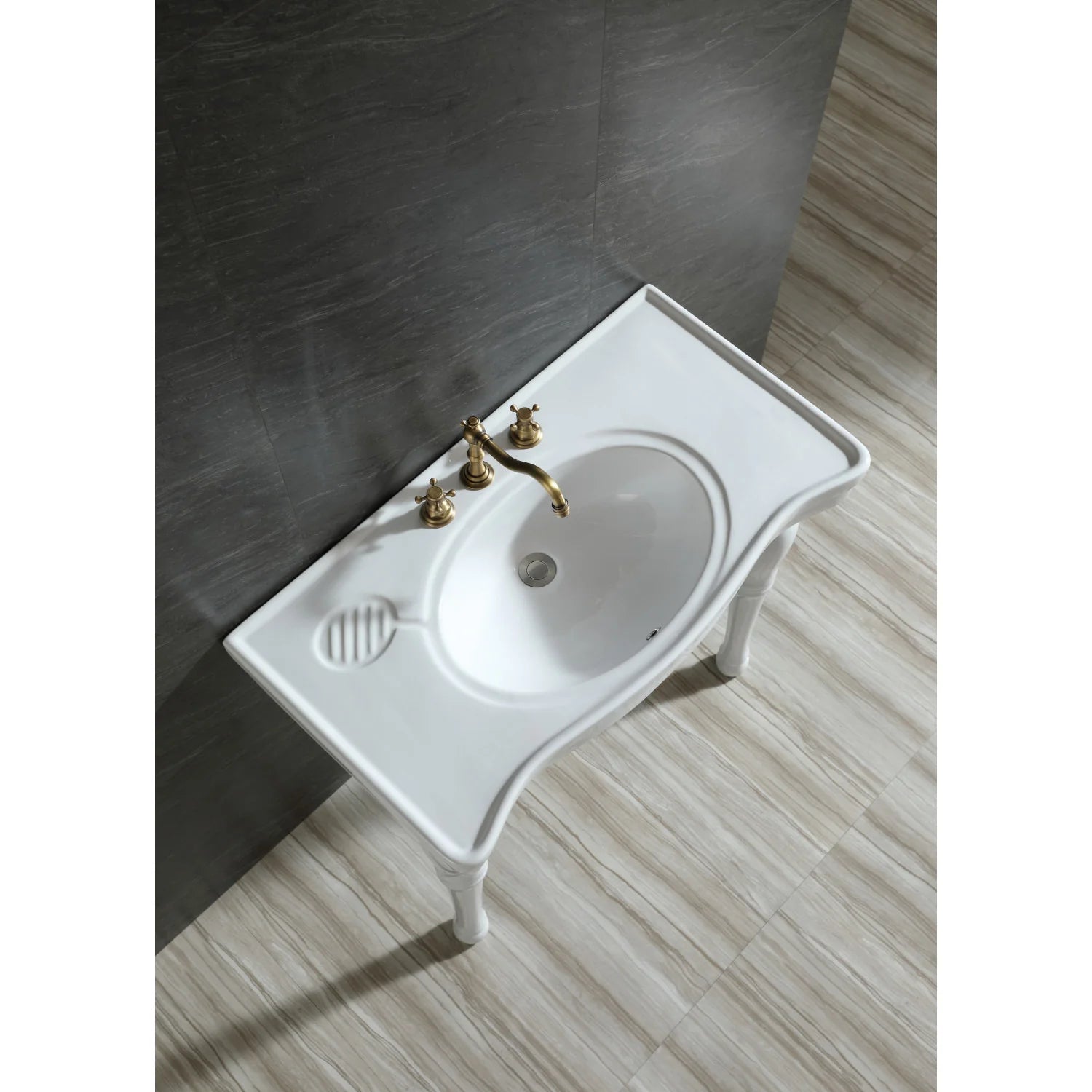 White ceramic console sink with legs, single oval basin, overflow and drain in top