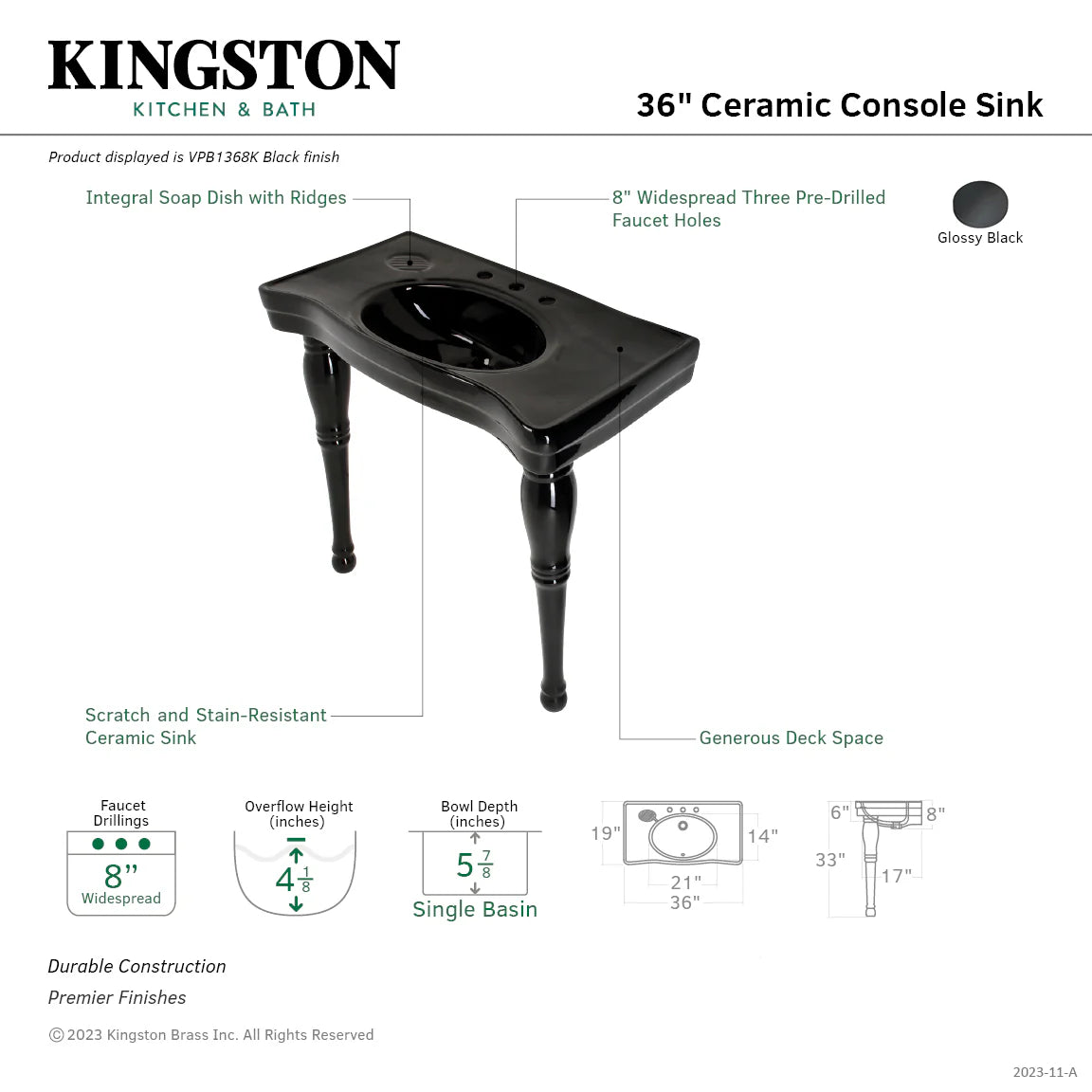Glossy black 36 in ceramic console sink diagram with 3 faucet holes and legs