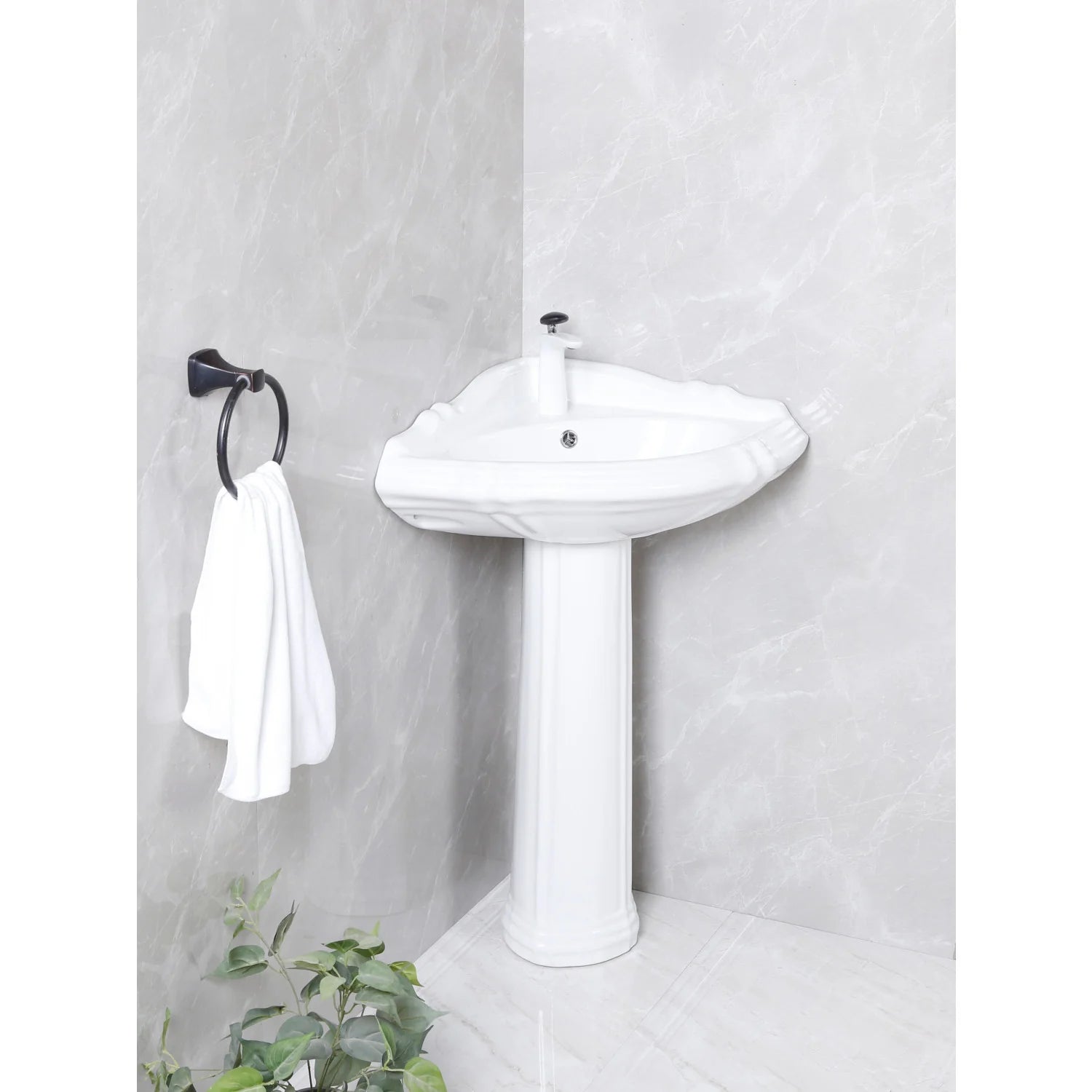 Glossy white ceramic corner pedestal sink, side view showing single faucet hole
