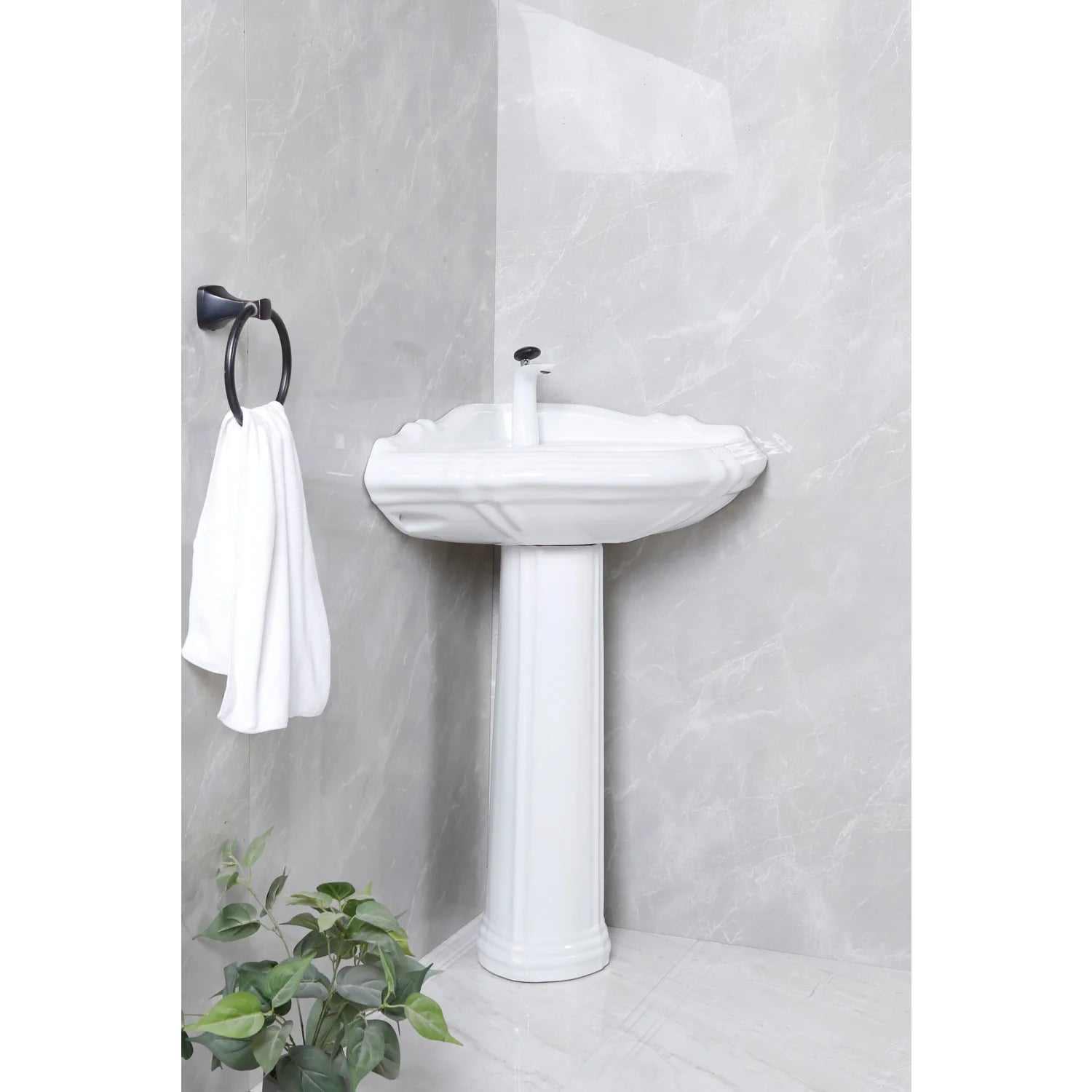 Glossy white ceramic corner pedestal sink wall-mounted single-hole faucet-ready