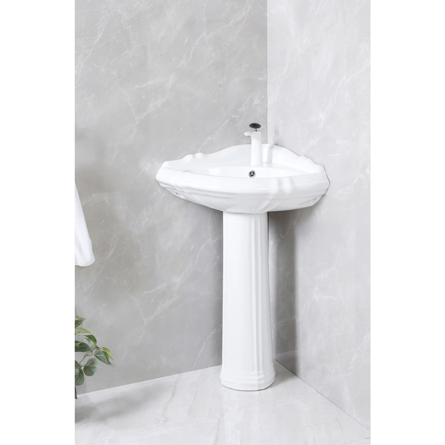 Glossy white ceramic corner pedestal sink, single-hole faucet location on basin