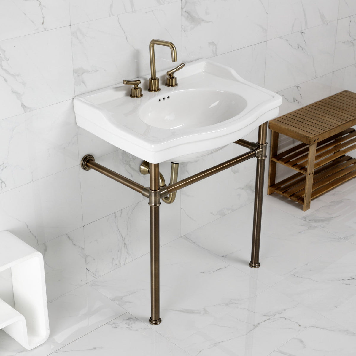 Victorian 30" Ceramic Console Sink with Stainless Steel Legs (8-Inch, 3-Hole) in White/Antique Brass