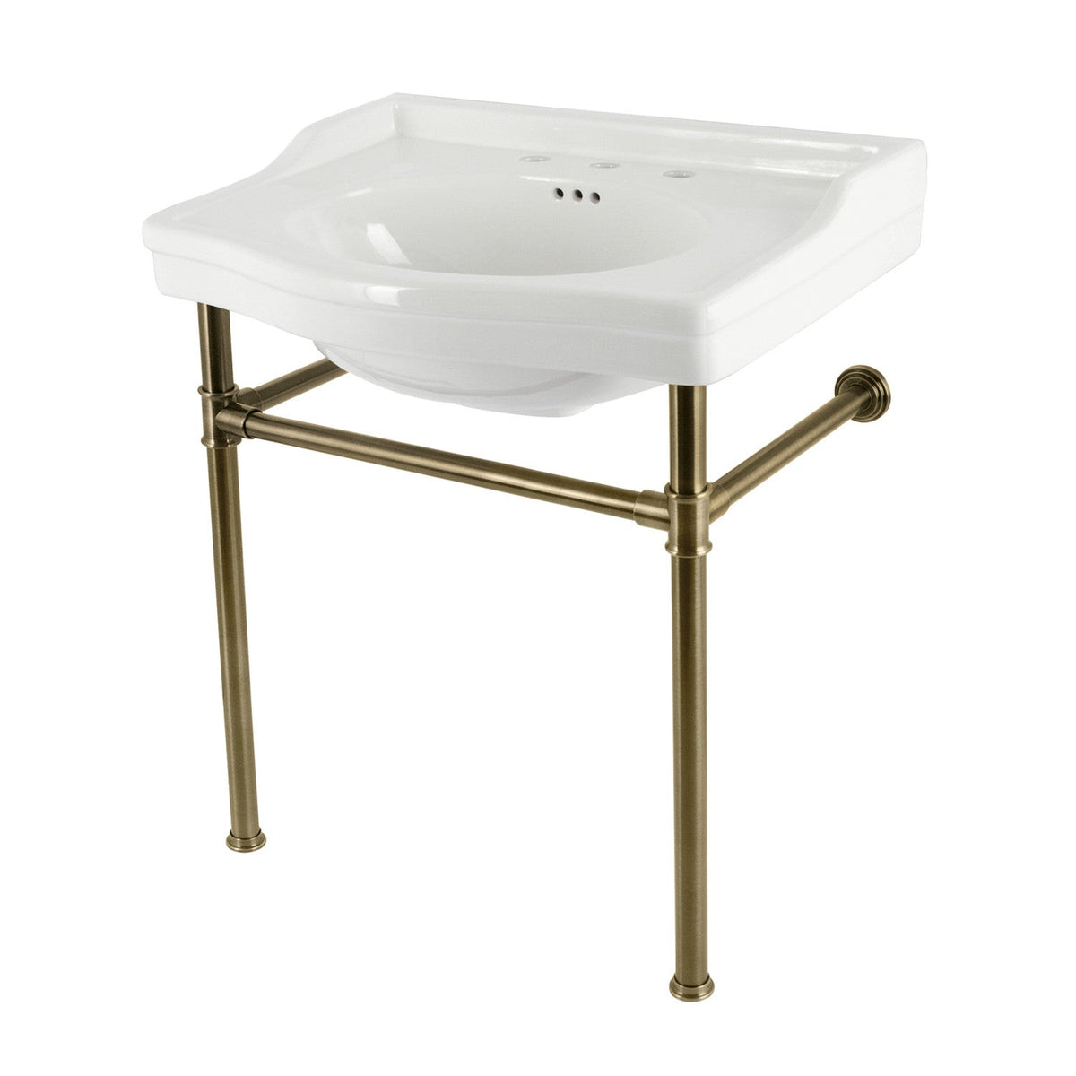 Victorian 30" Ceramic Console Sink with Stainless Steel Legs (8-Inch, 3-Hole) in White/Antique Brass