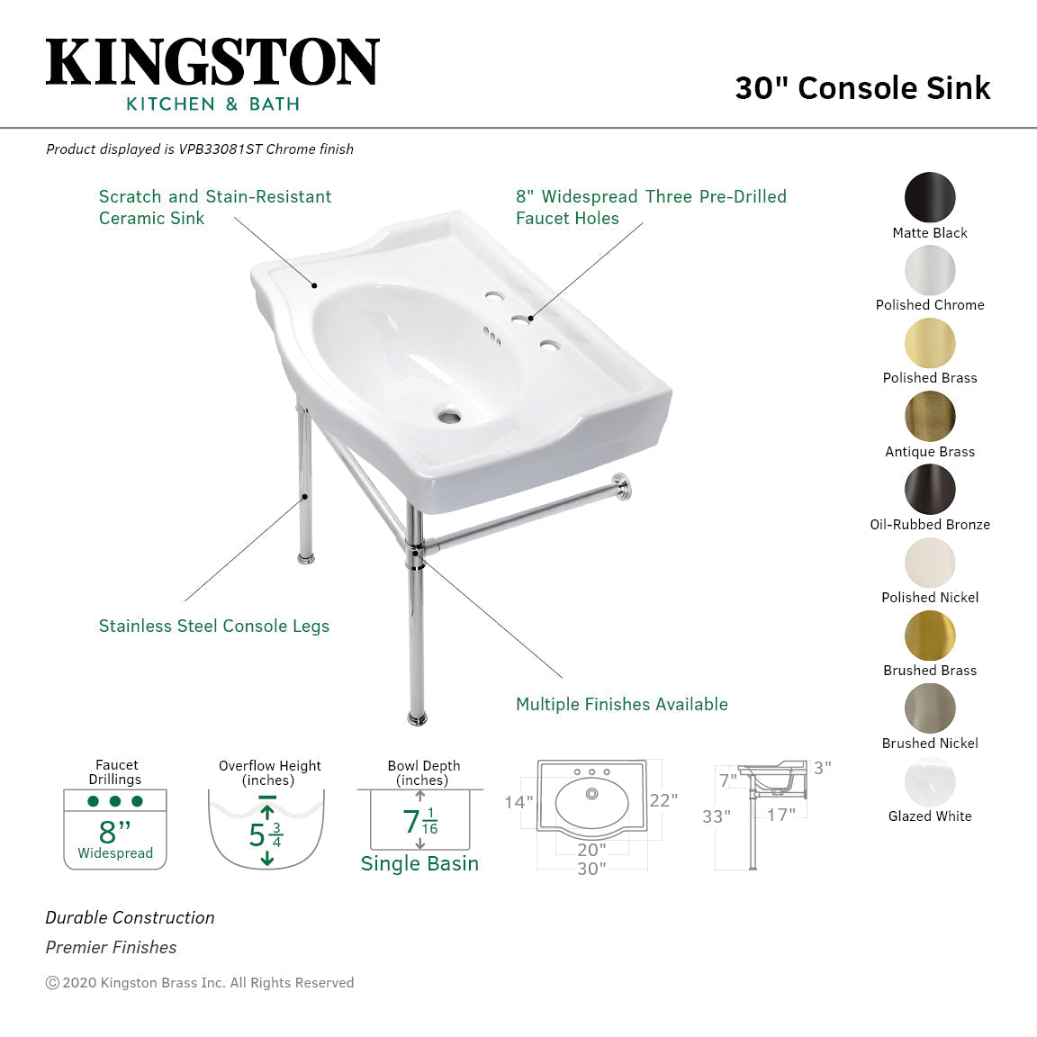 Victorian 30" Ceramic Console Sink with Stainless Steel Legs (8-Inch, 3-Hole) in White/Brushed Brass