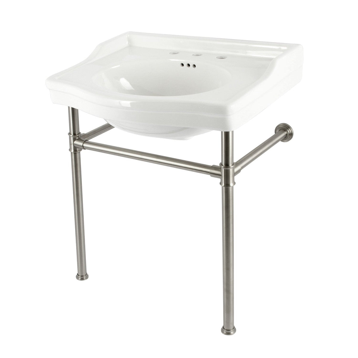 Victorian 30" Ceramic Console Sink with Stainless Steel Legs (8-Inch, 3-Hole) in White/Brushed Nickel