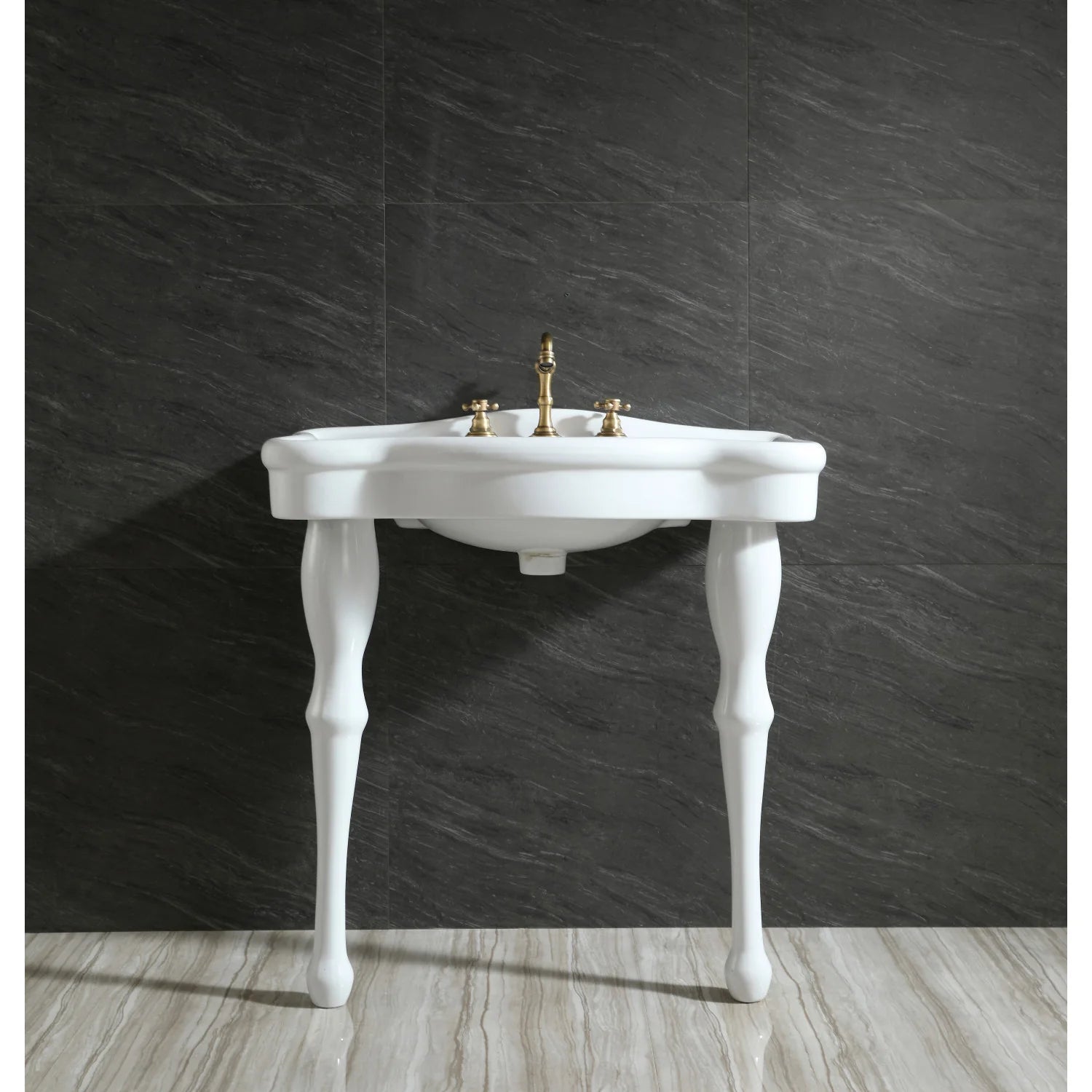 White ceramic console sink top view with deck-mount faucet and pedestal legs, glossy finish
