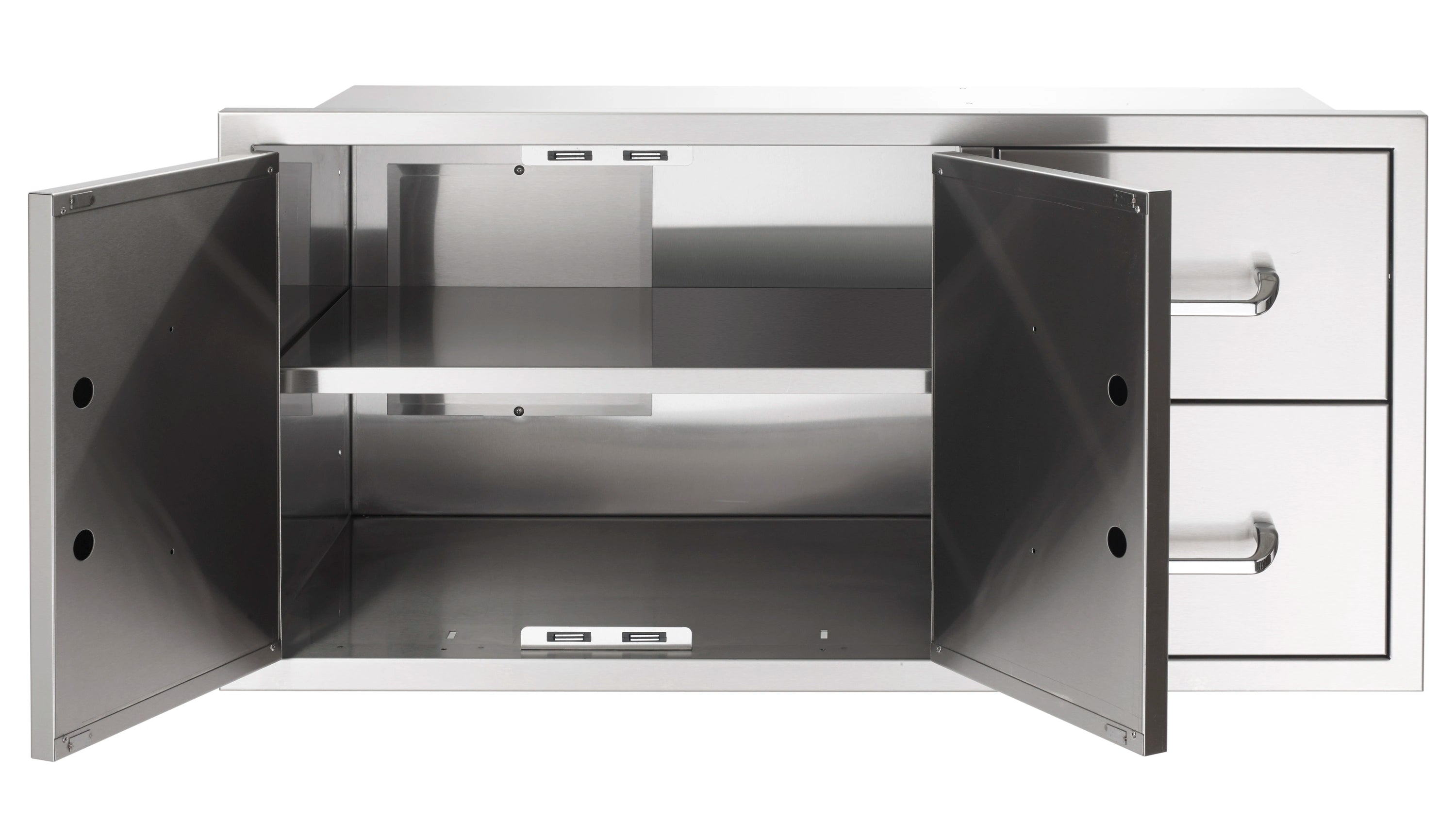Stainless steel pantry door and drawer combo with open cabinet interior and two drawers