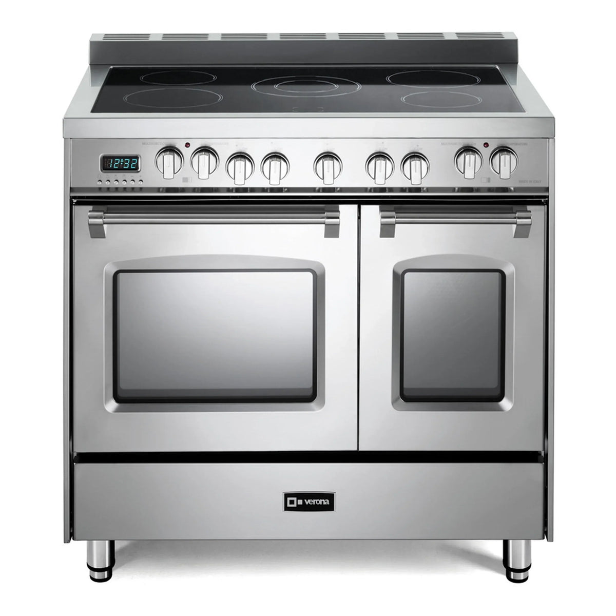 Stainless electric range with double ovens and smooth cooktop, front view