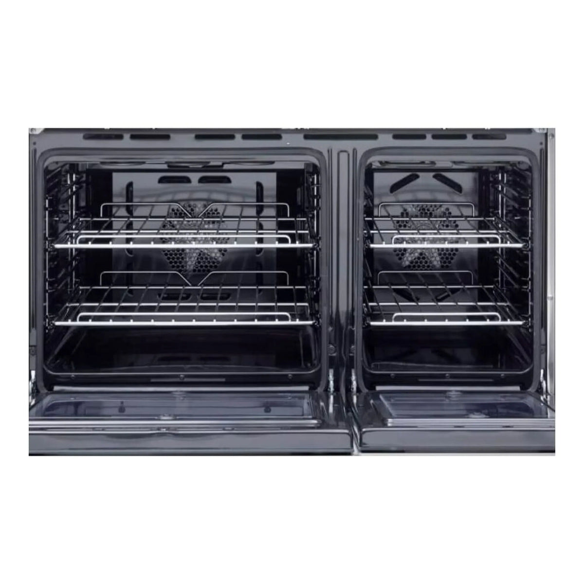 Double-oven electric range with two open oven doors and wire racks