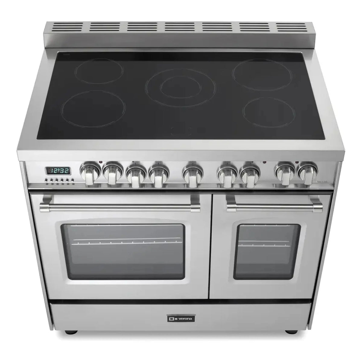 Stainless electric range with double ovens and smooth glass cooktop, front view