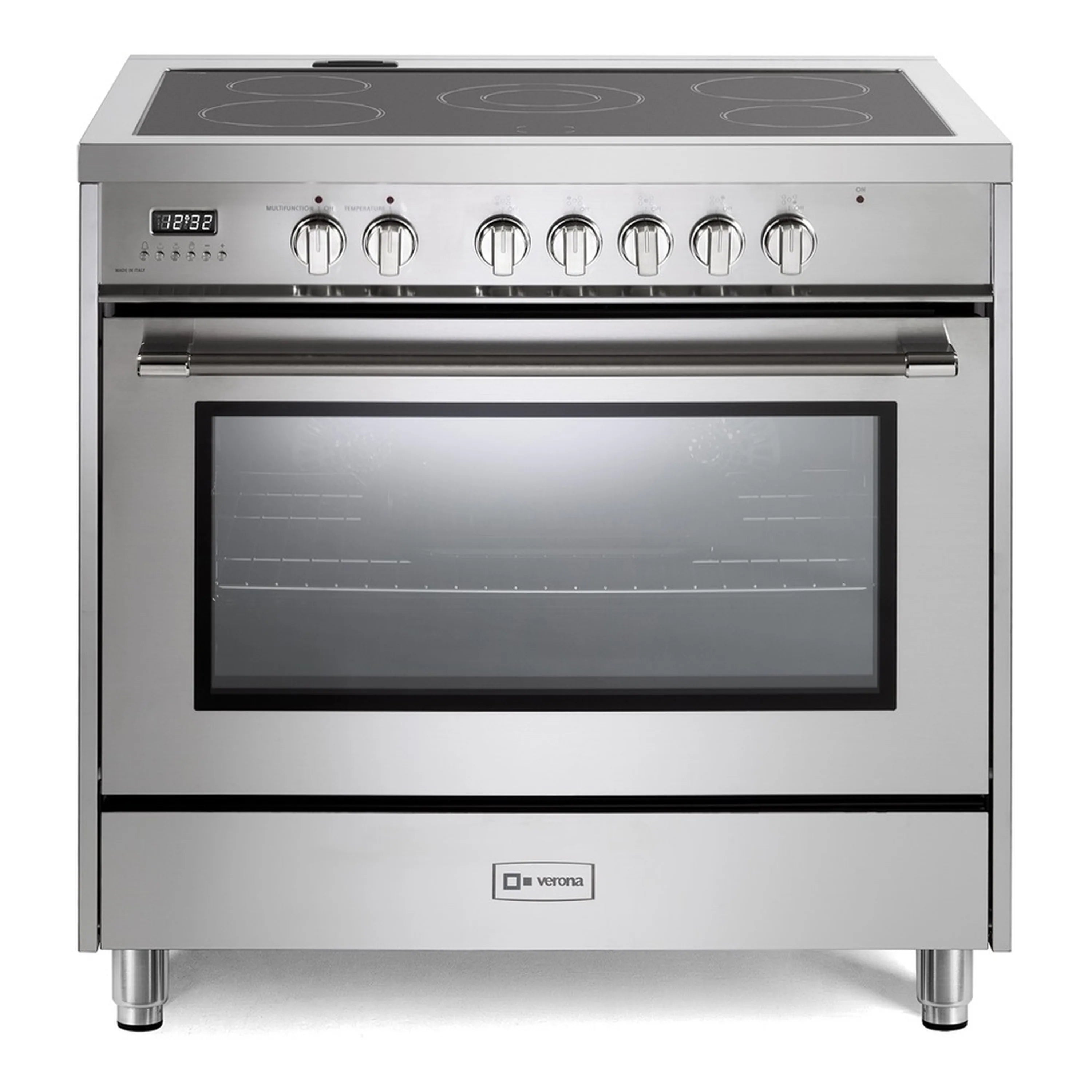 Stainless electric range with black glass cooktop, digital display, and oven door window