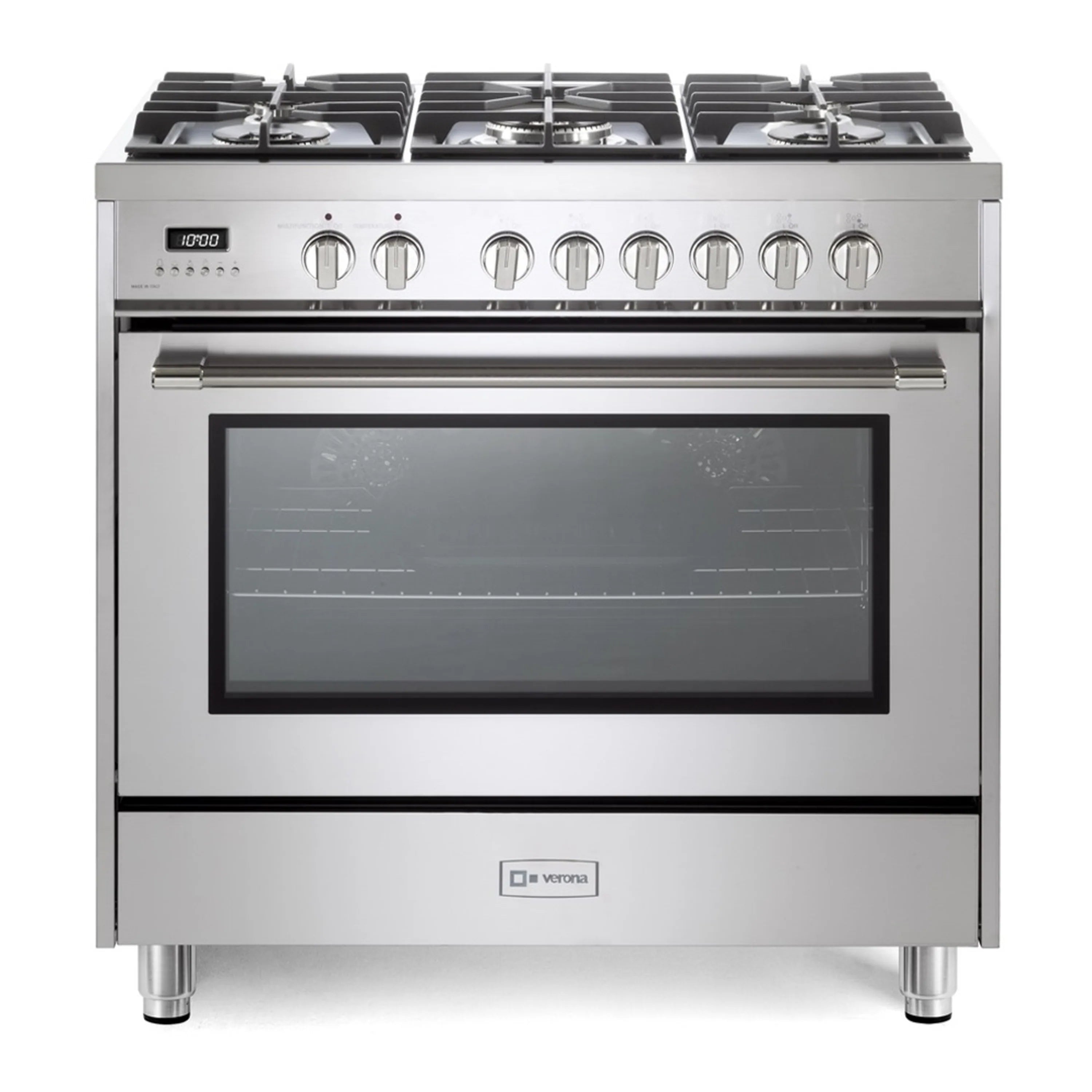 Stainless steel dual fuel range with 5 burner knobs and oven window front