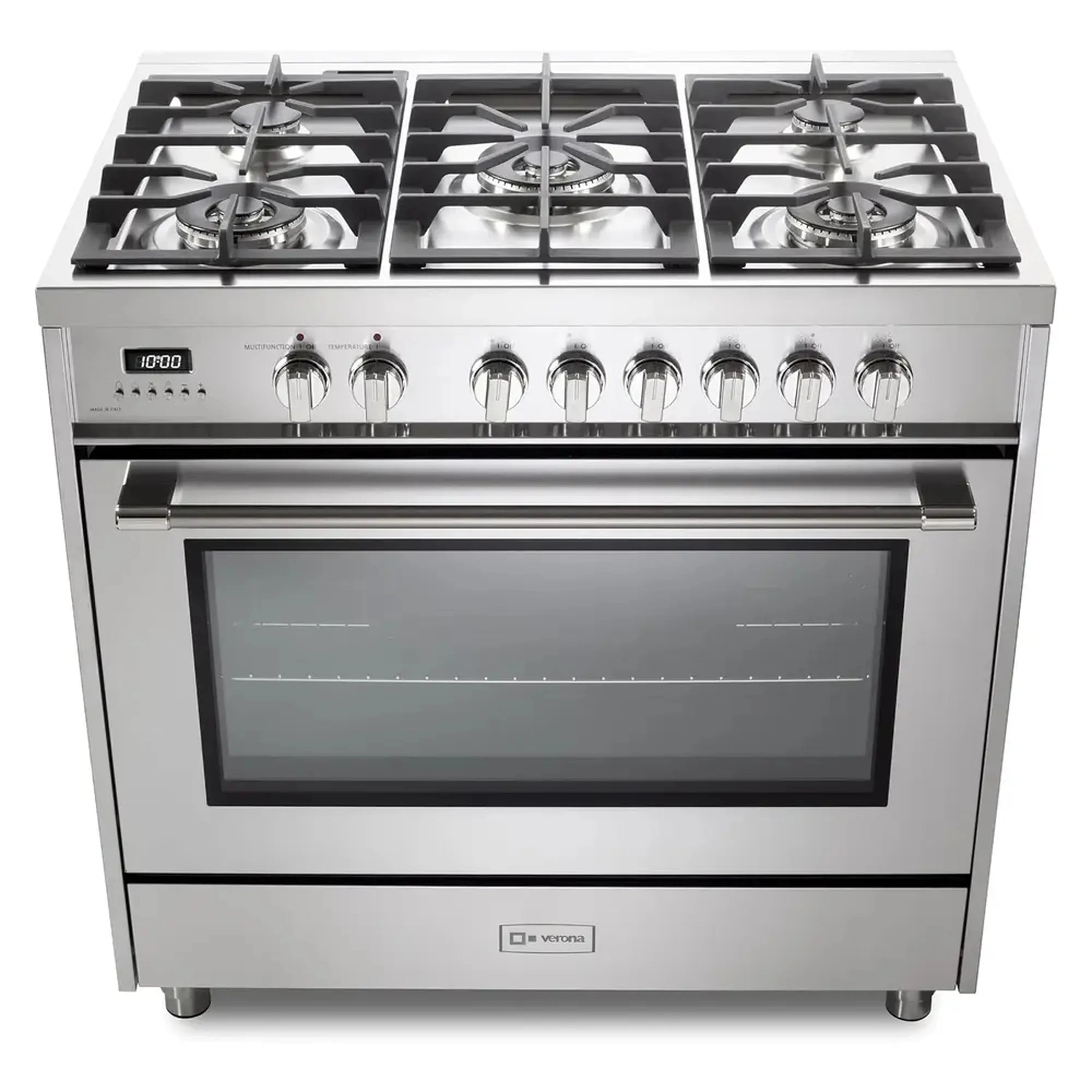Stainless steel freestanding dual fuel range with 5 burners and oven door closed