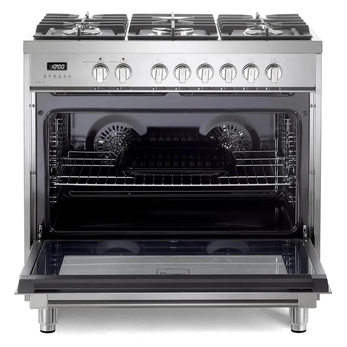 Stainless steel dual fuel range with oven door open showing racks and interior