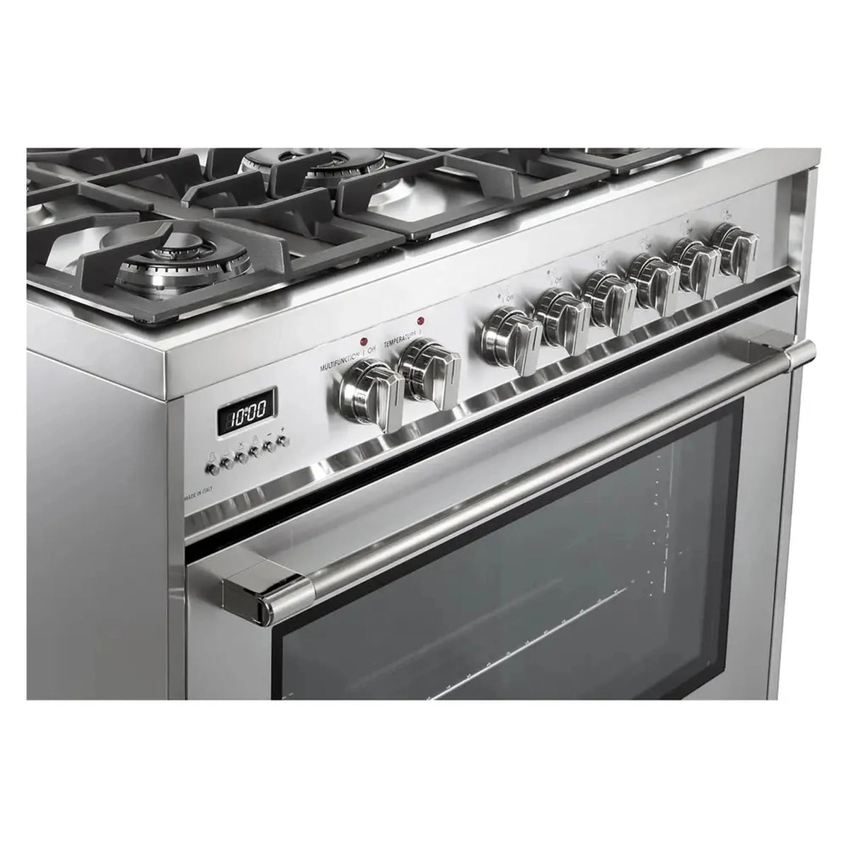 Stainless steel dual fuel range close-up of burner knobs, control panel, and oven door