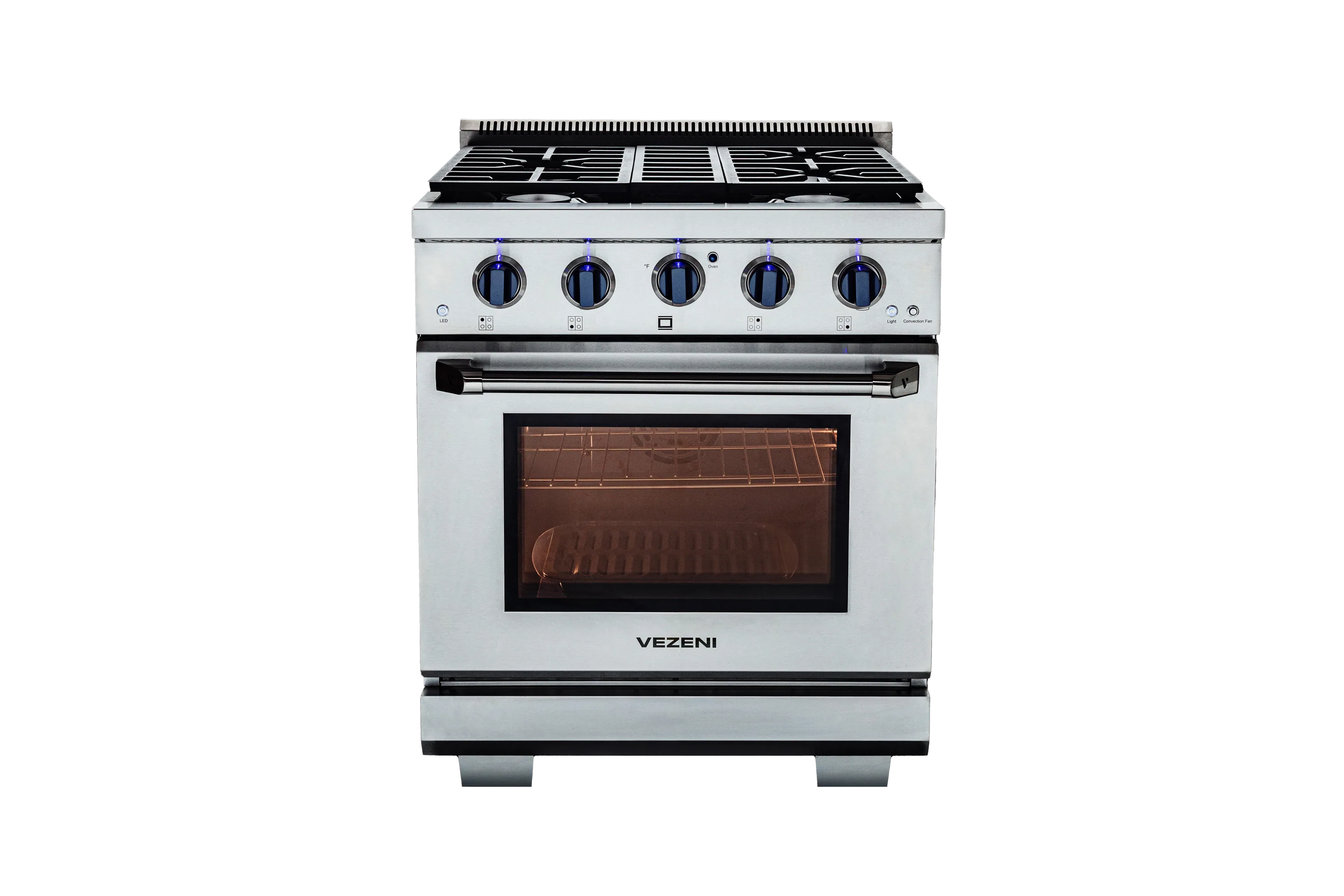 Stainless steel 30-inch gas range with blue control knobs and oven window