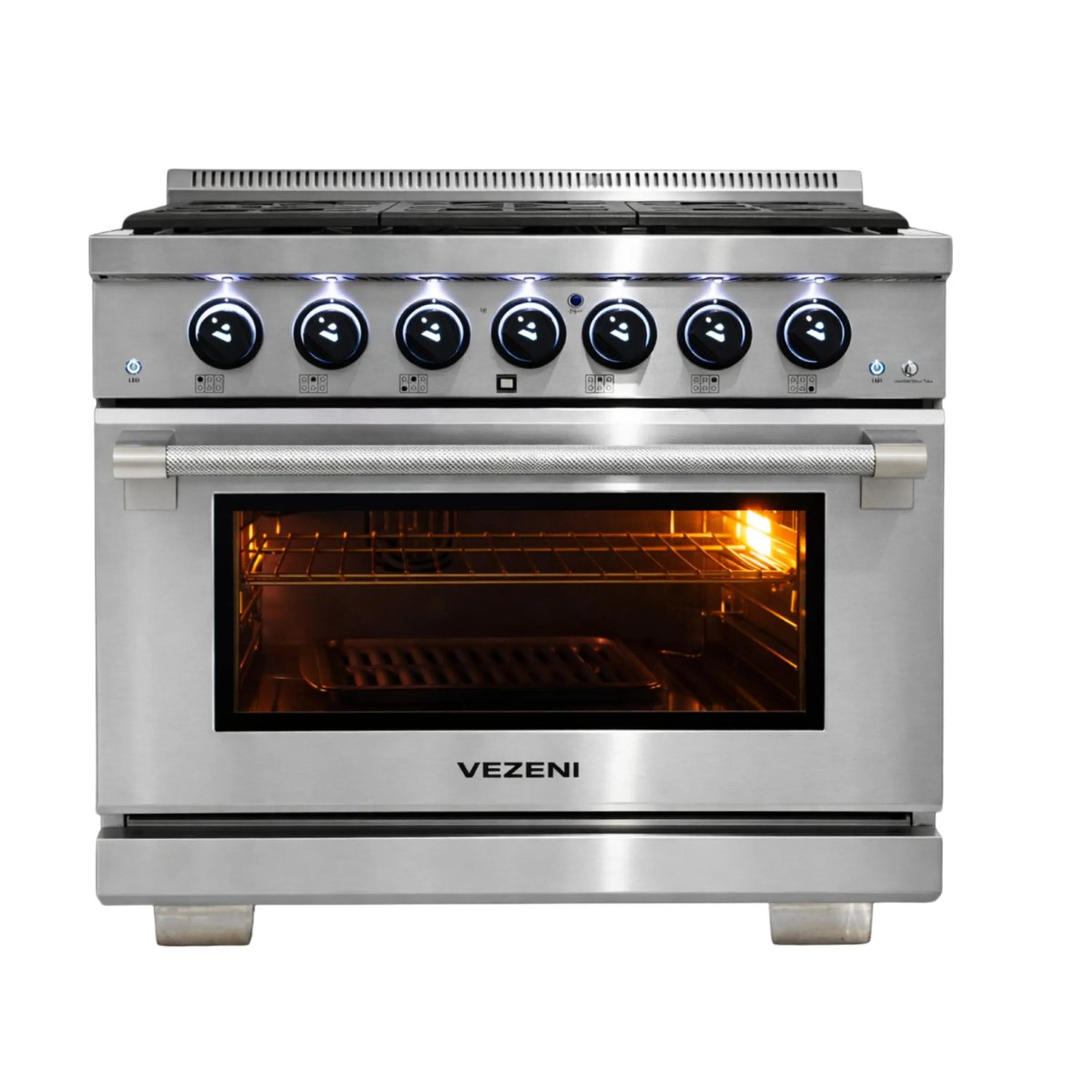 Stainless steel gas range with blue knobs and lit oven window