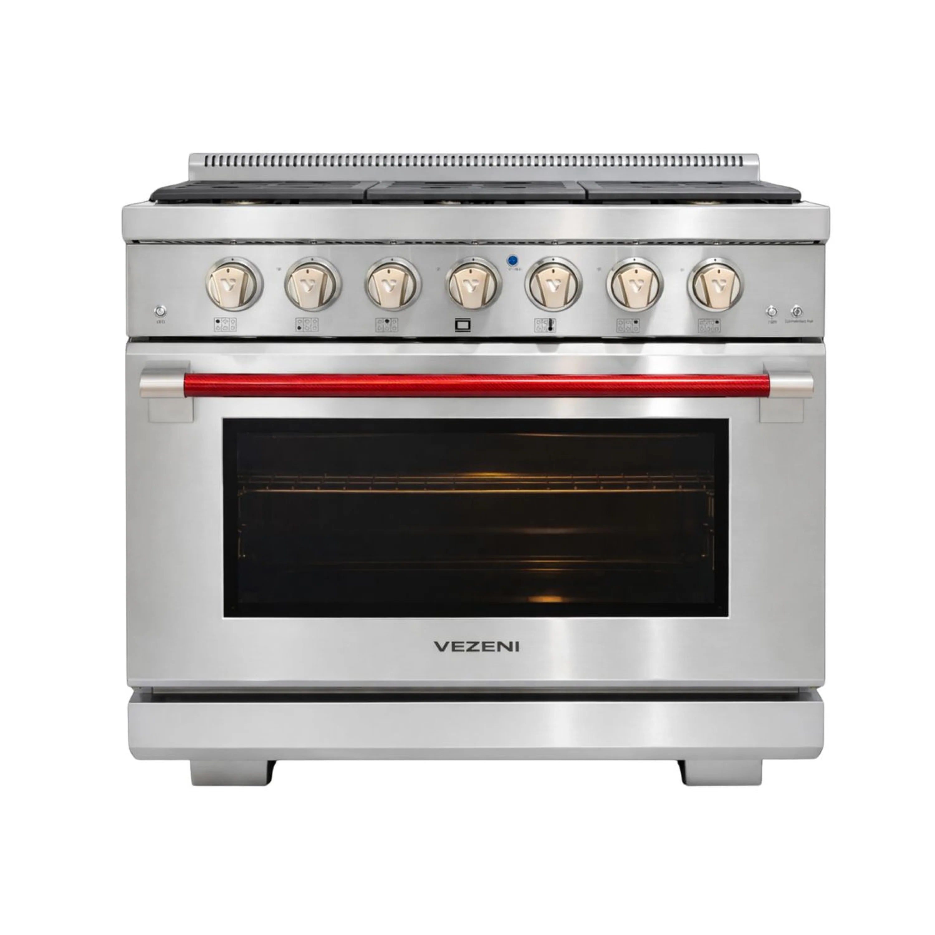 Stainless steel 36-inch gas range with closed oven door and silver knobs