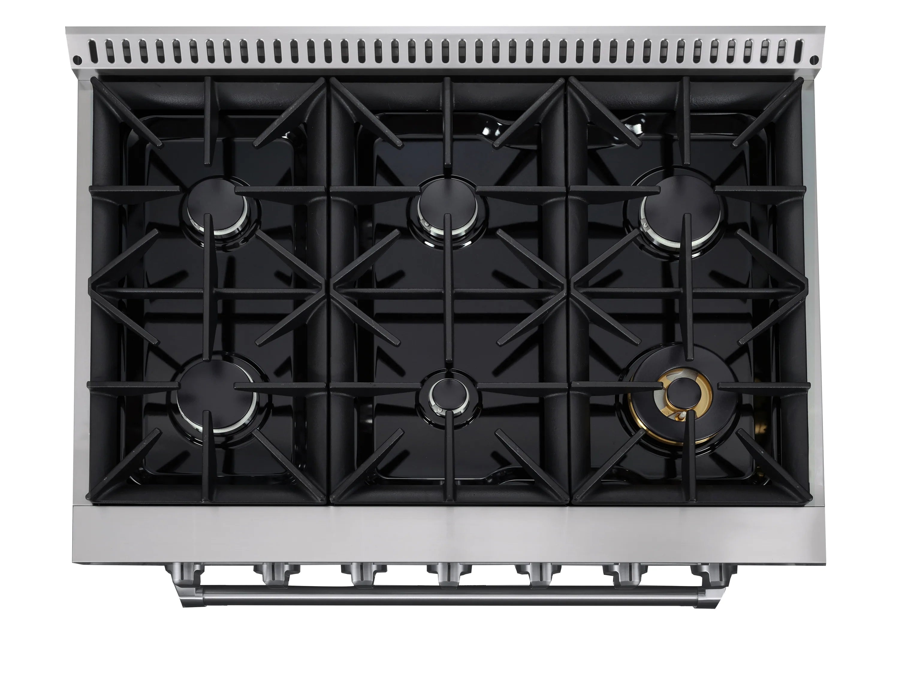 Gas range cooktop with black grates and five burners