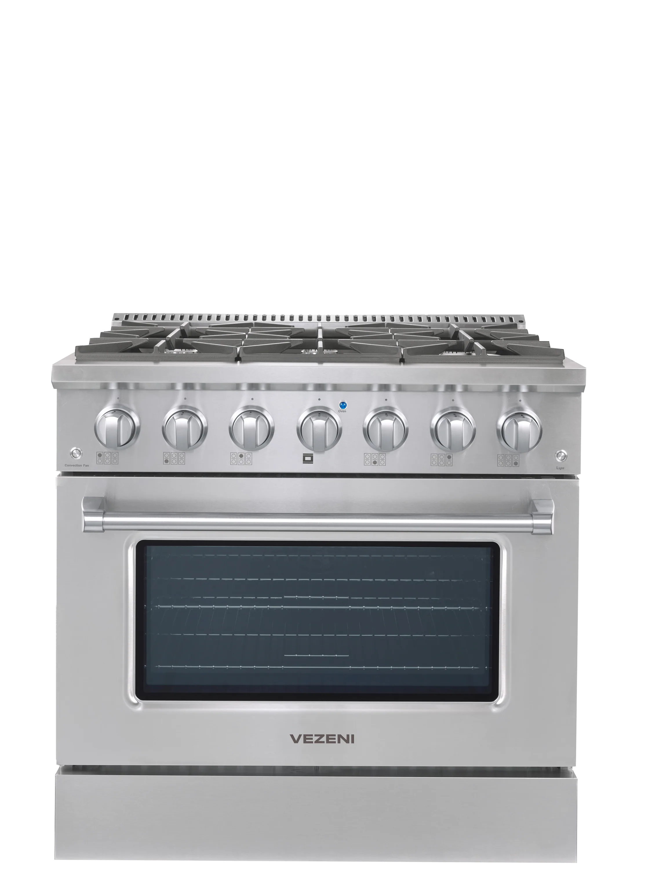 36-inch stainless steel gas range front with control knobs and burner grates