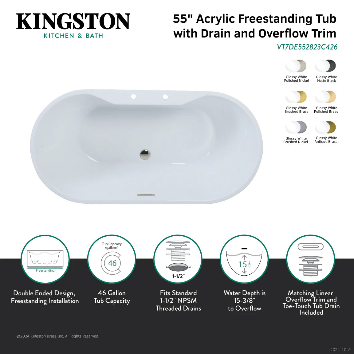 Glossy white 55 in acrylic oval freestanding tub with brass drain and overflow