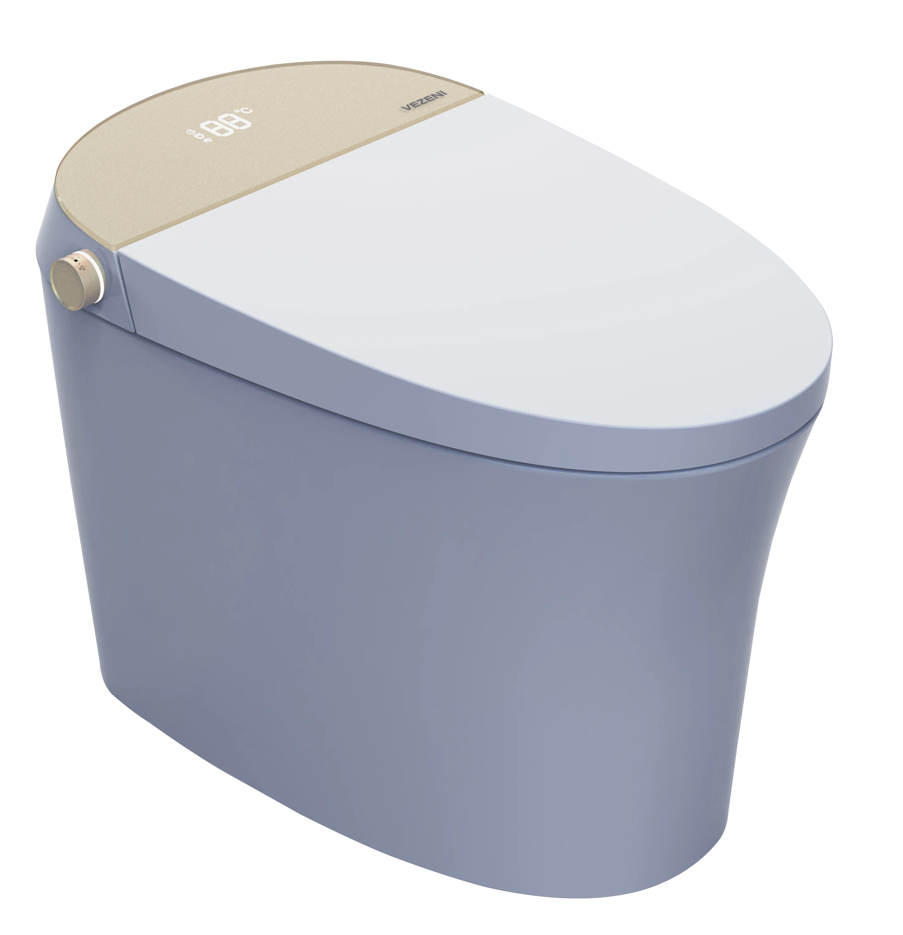 Smart toilet three-quarter view, white body with light beige lid and gold lever