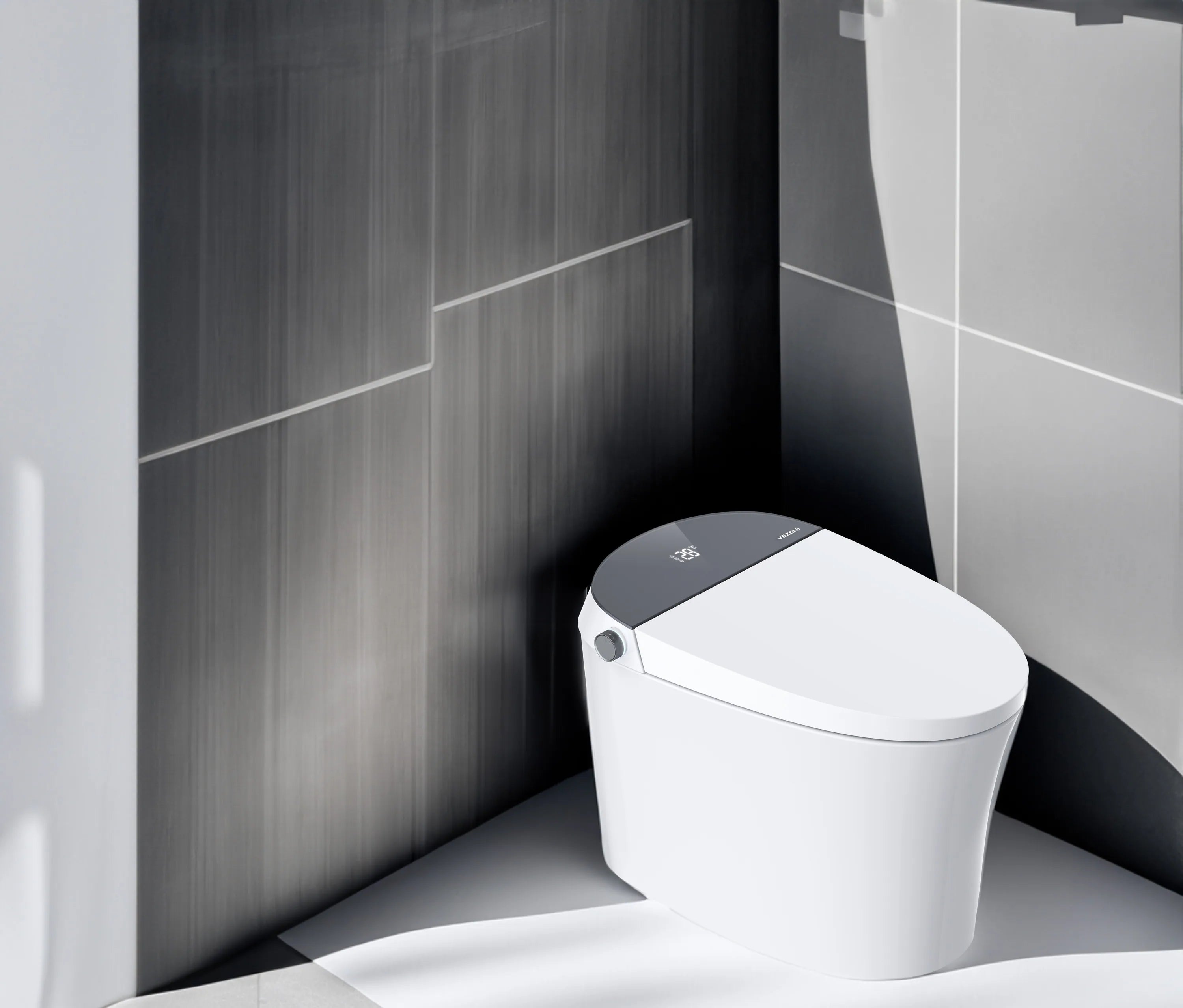 Vezeni smart toilet with dark grey control panel and closed white seat lid
