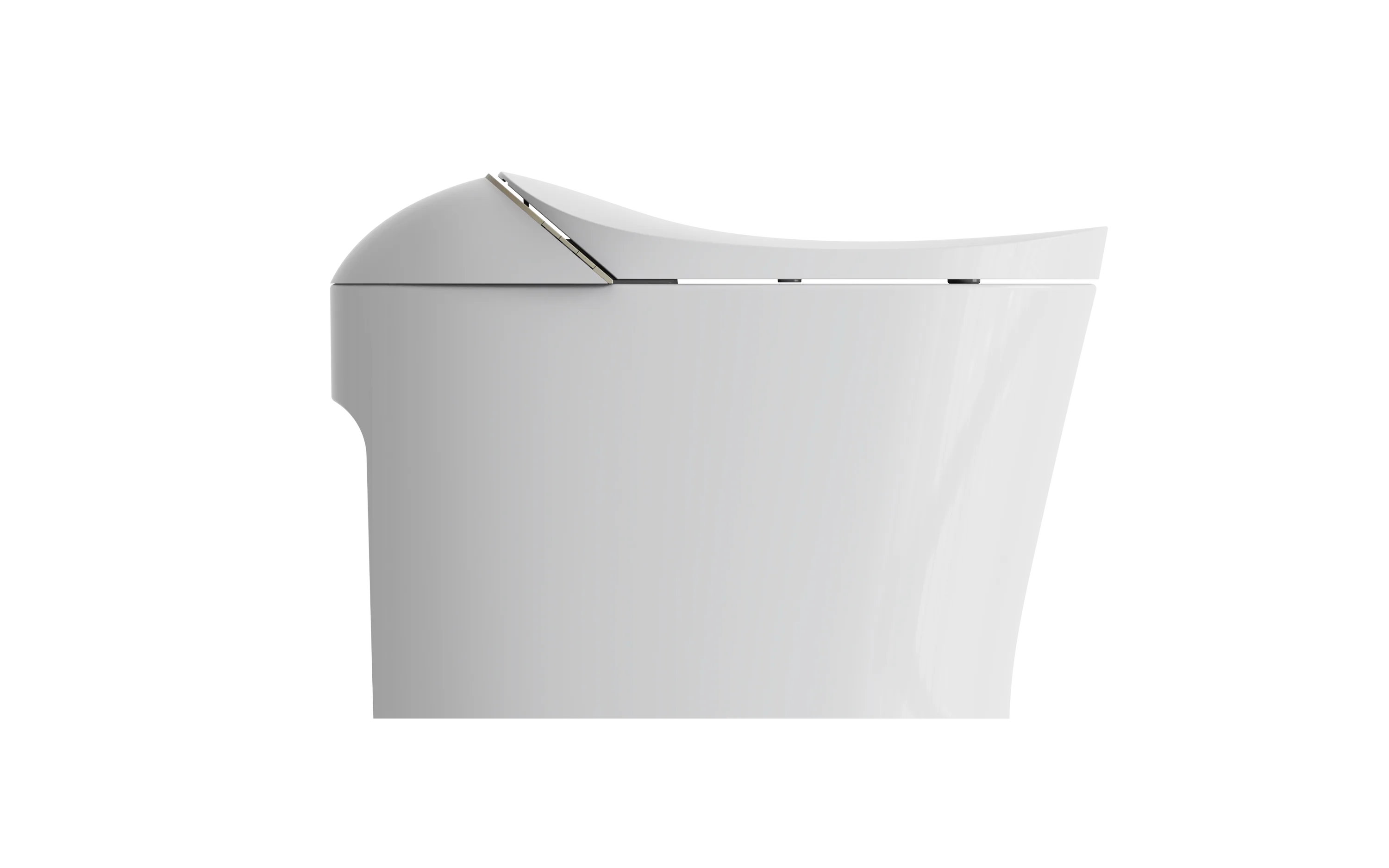 White smart toilet side view with gold-trimmed lid hinge