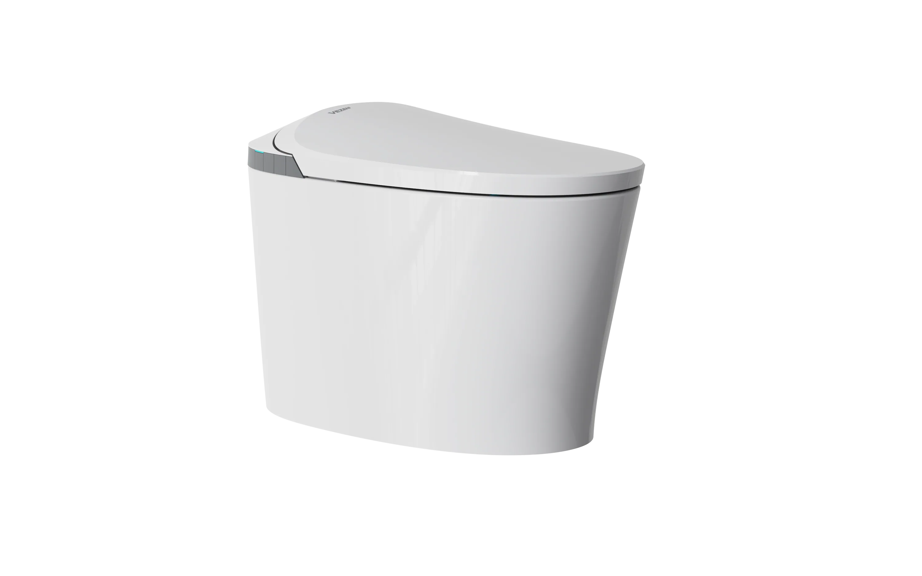 Smart toilet with closed lid and seat, angled side view