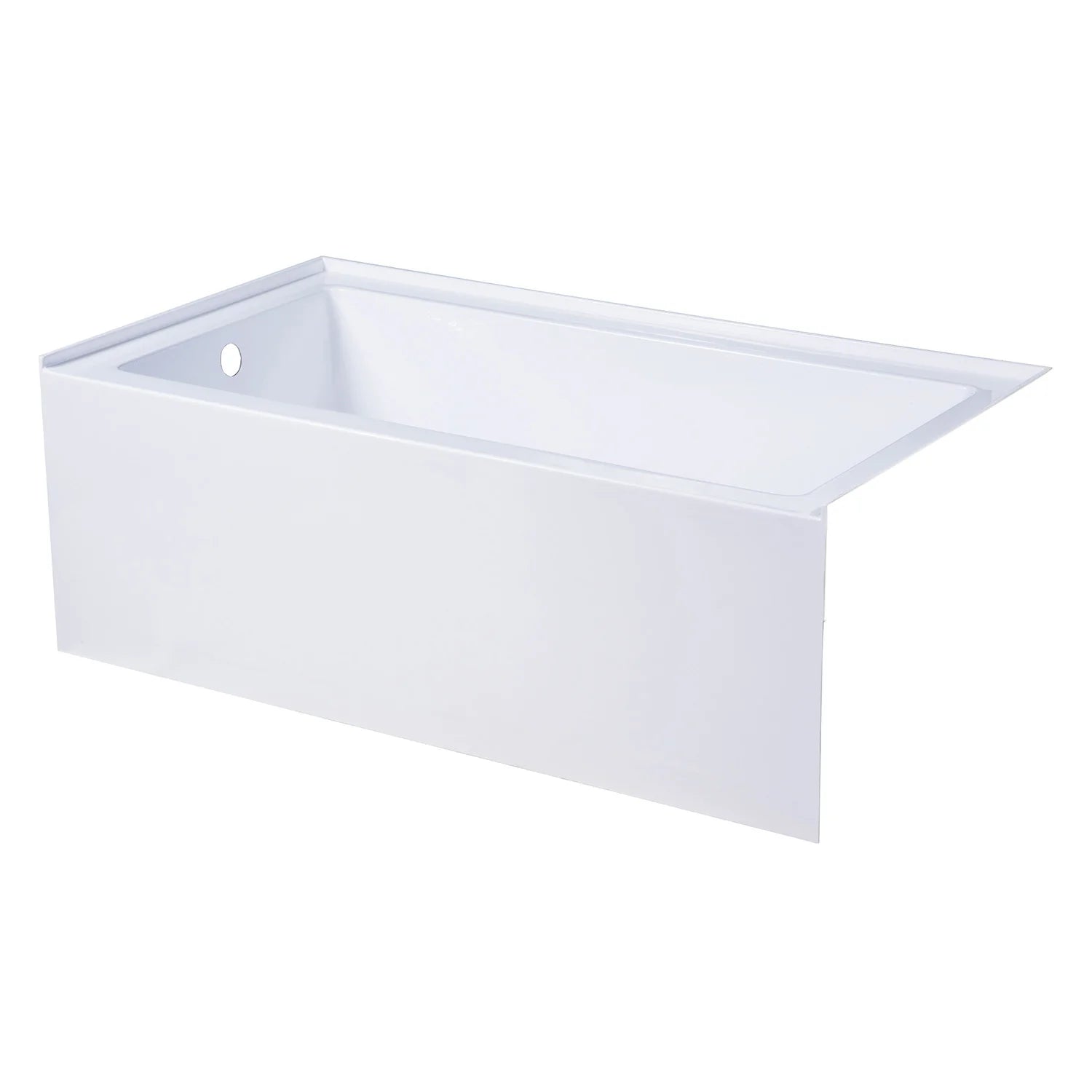 Glossy white rectangular acrylic alcove bathtub with raised rim and open interior.